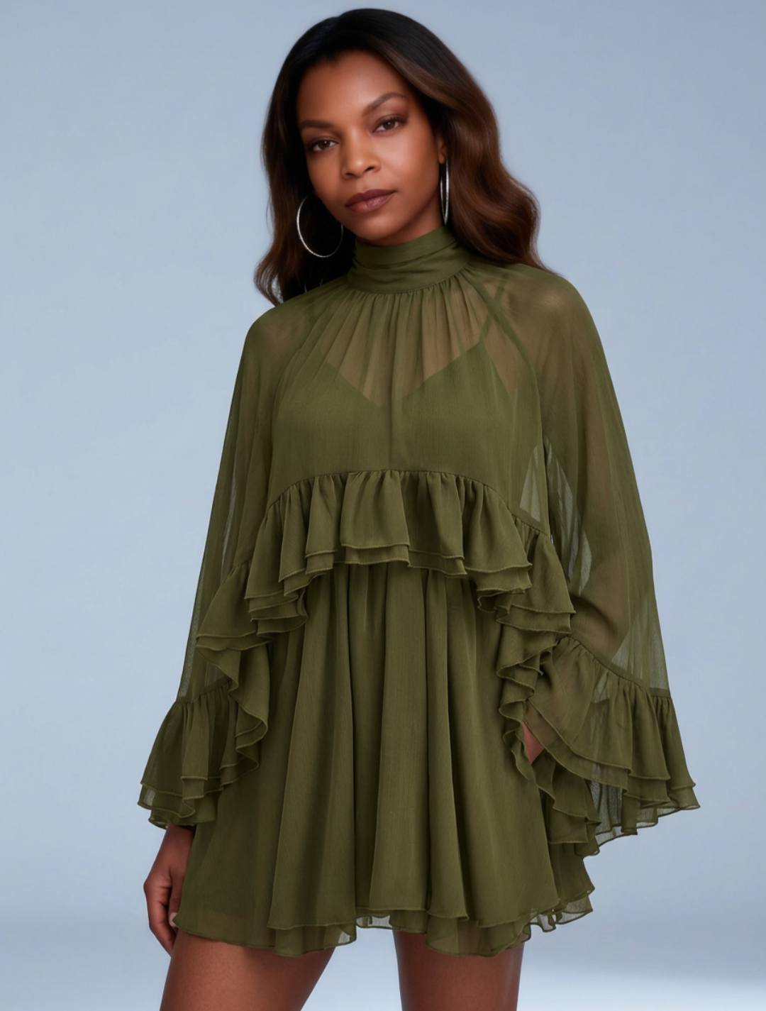 Engwo semi sheer chiffon ruffle mini dress