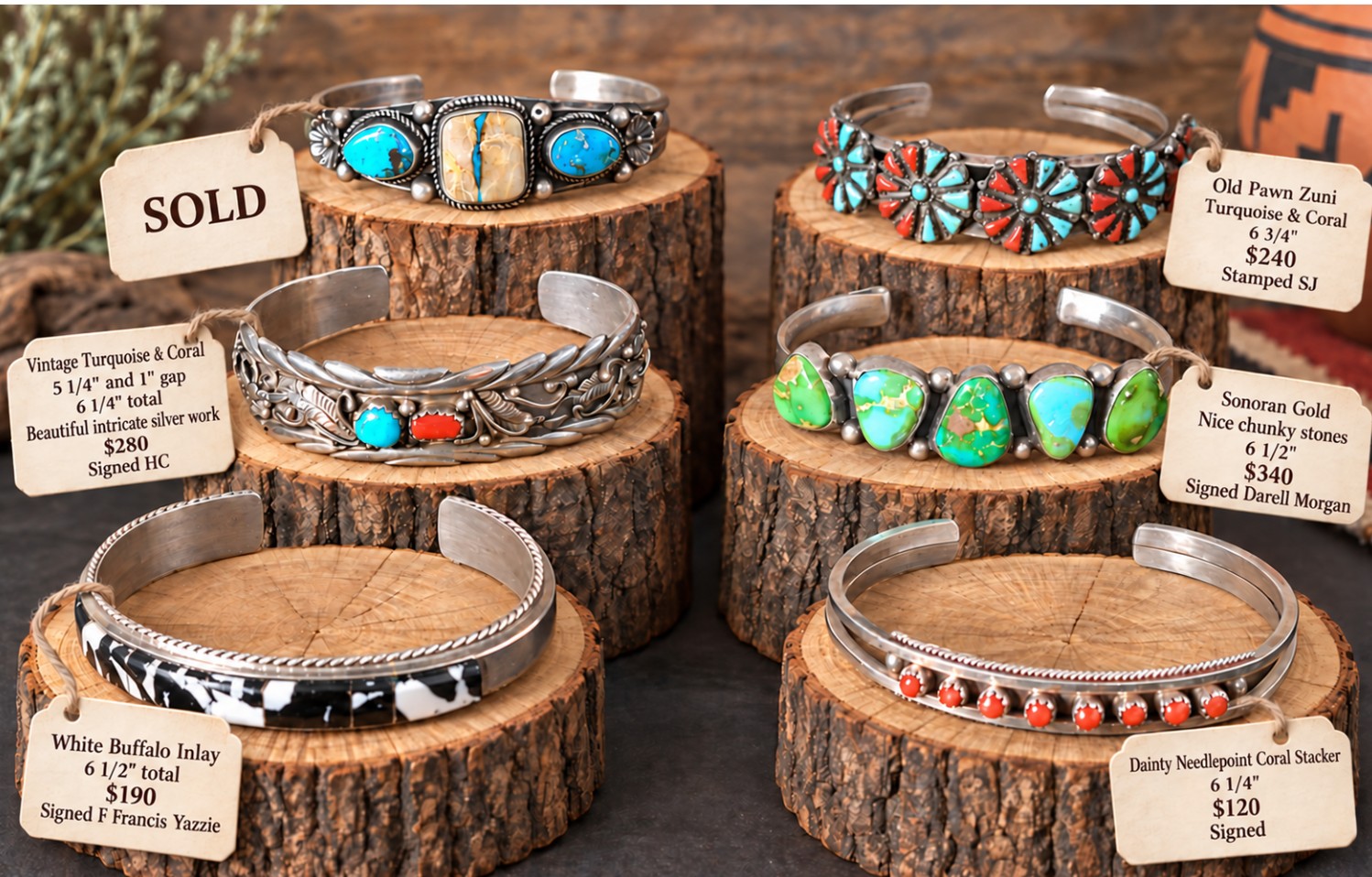 Vintage Navajo and Zuni silver cuffs for sale, including signed