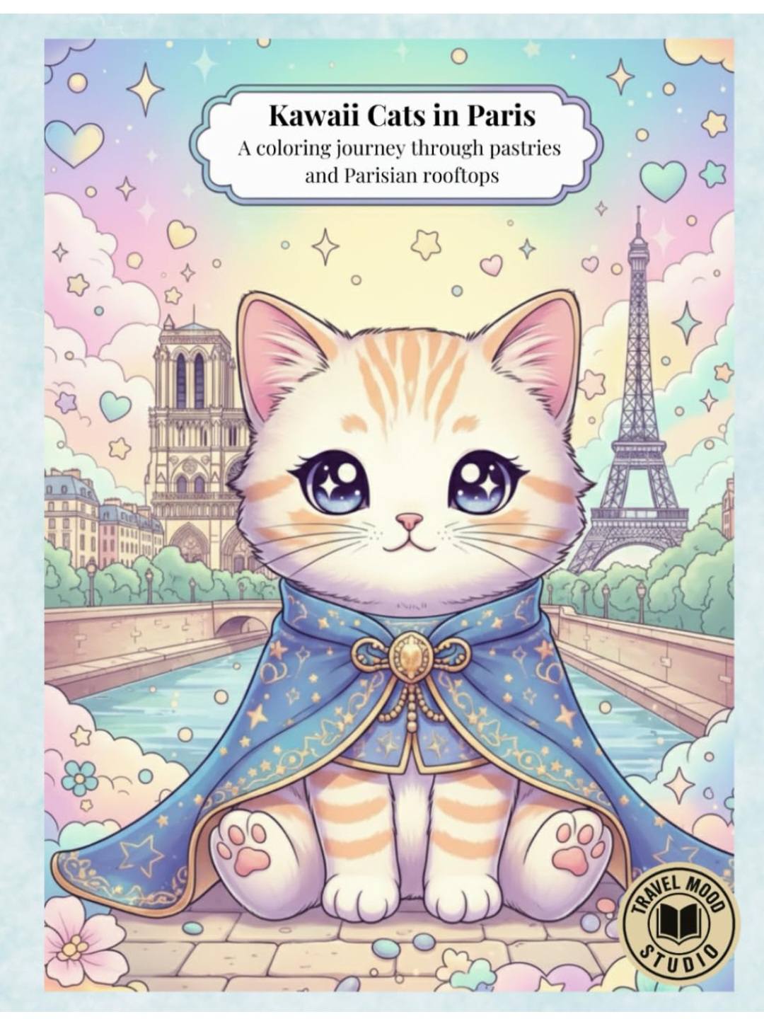 Kawaii cats in Paris coloring book for kids