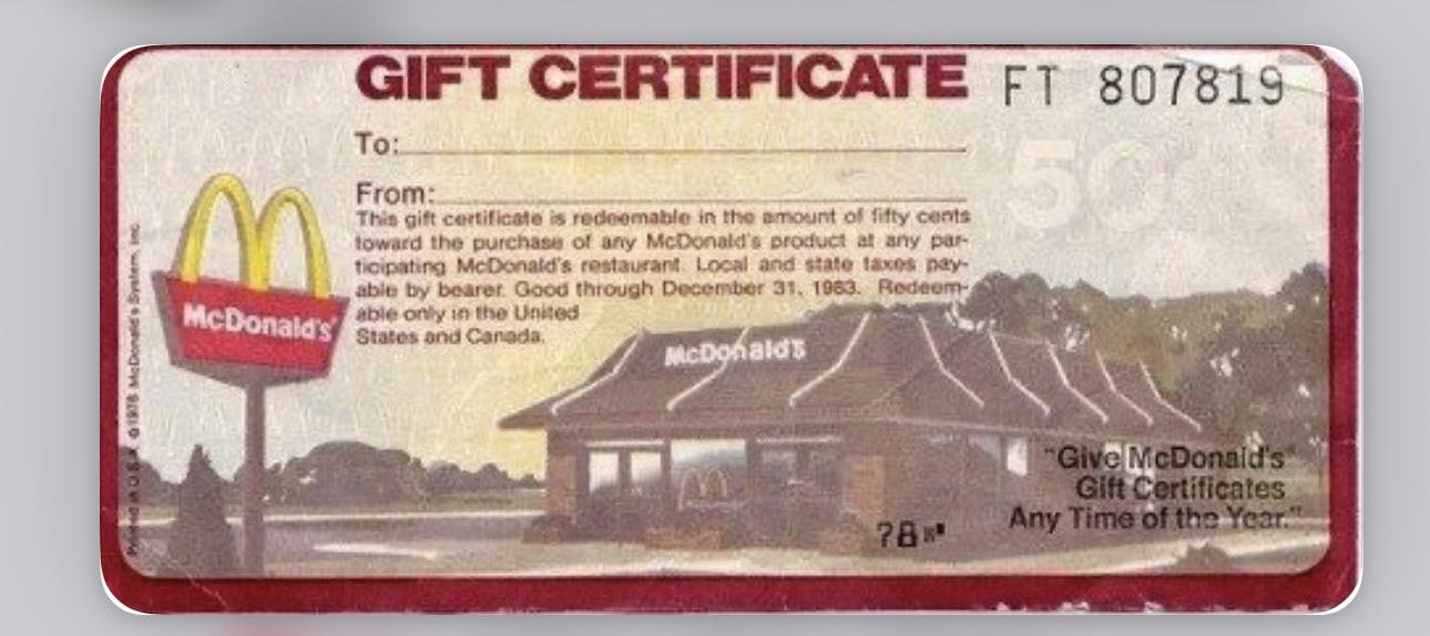 マクドナルドオリジナル （2007/05/18） McDonald's gift certificates for $0.50 in the 80s