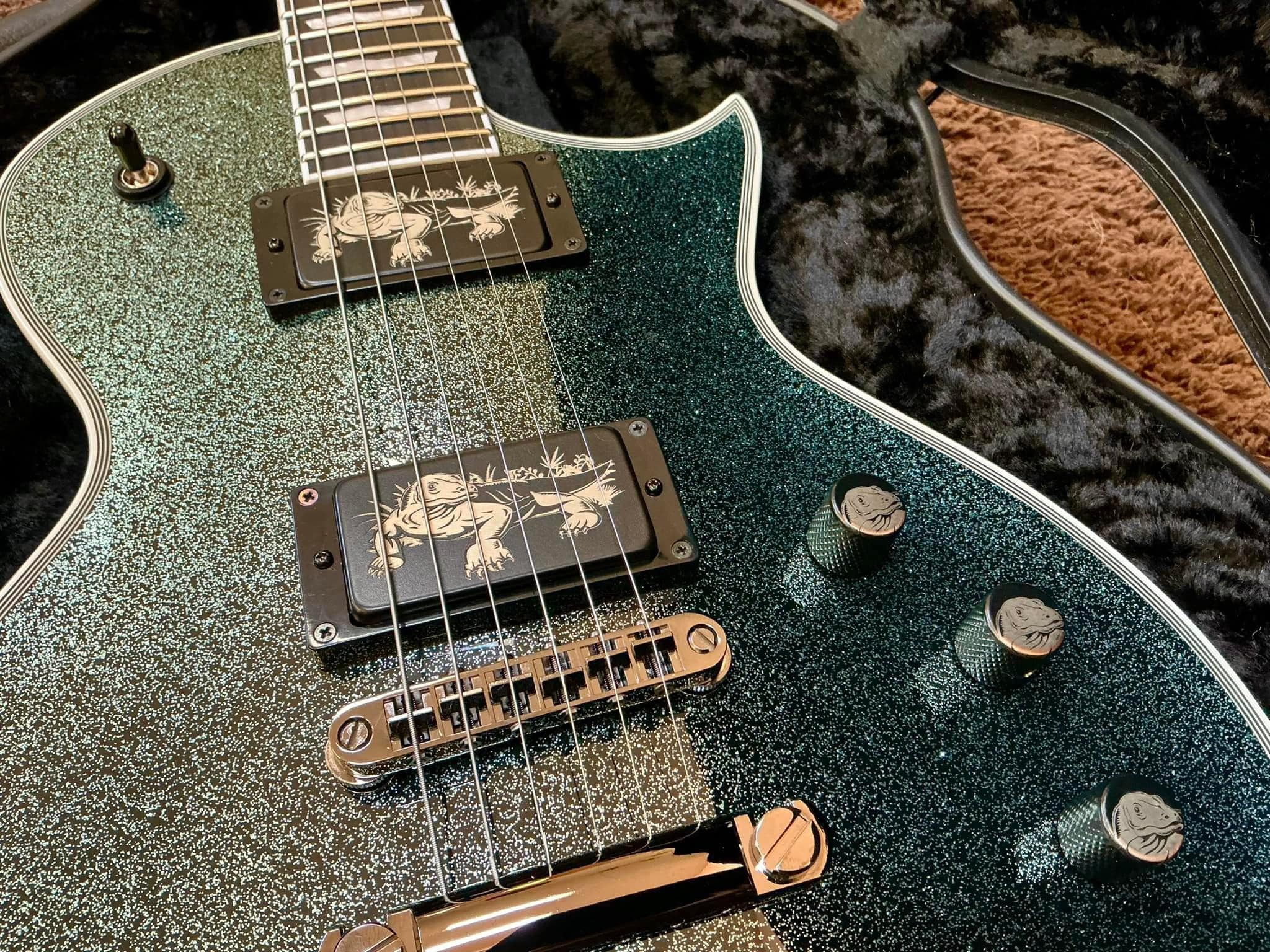 Custom ESP E-II Eclipse guitar with etched Komodo dragon tribute