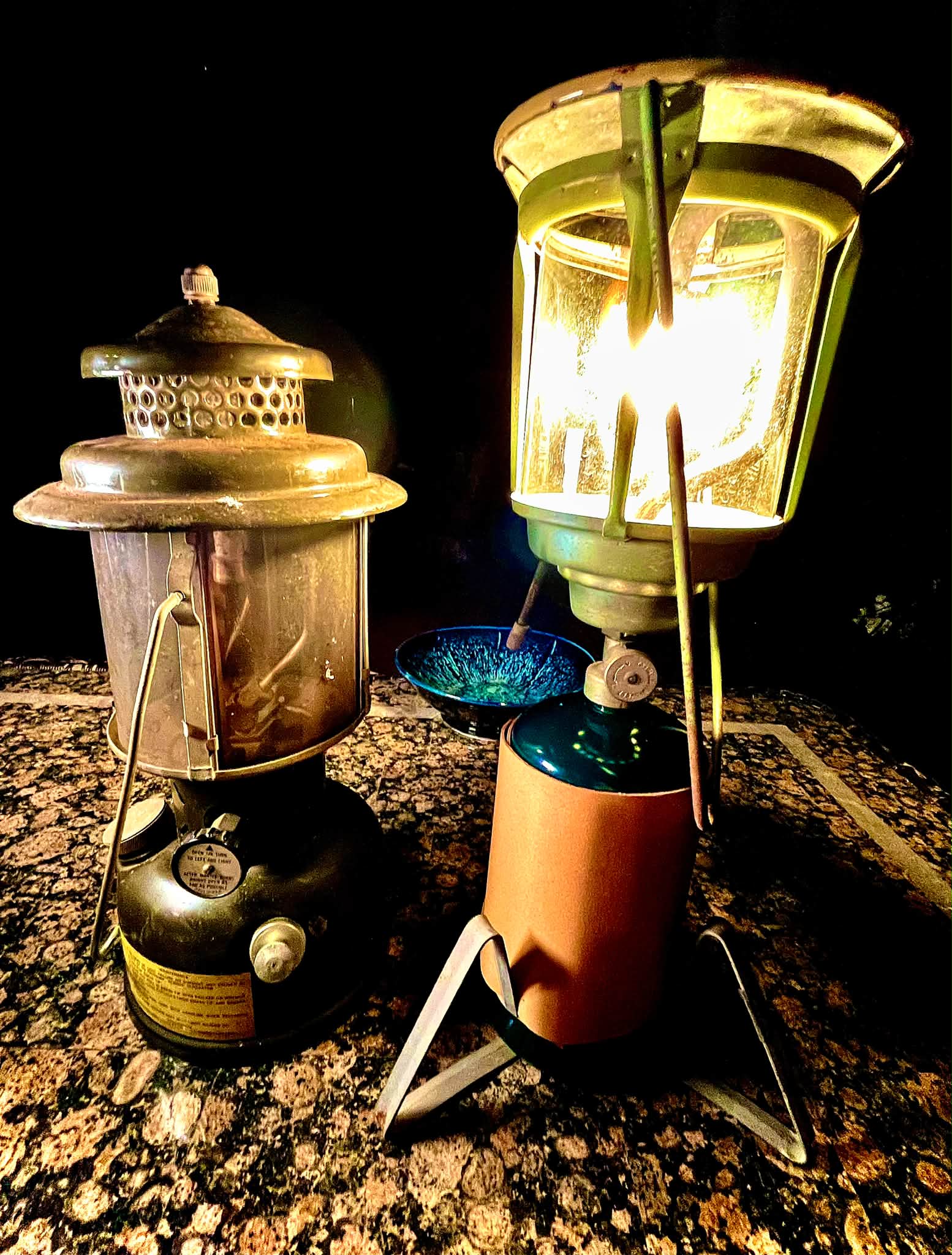 Coleman 236 lantern with dark blue ventilator and brass fount