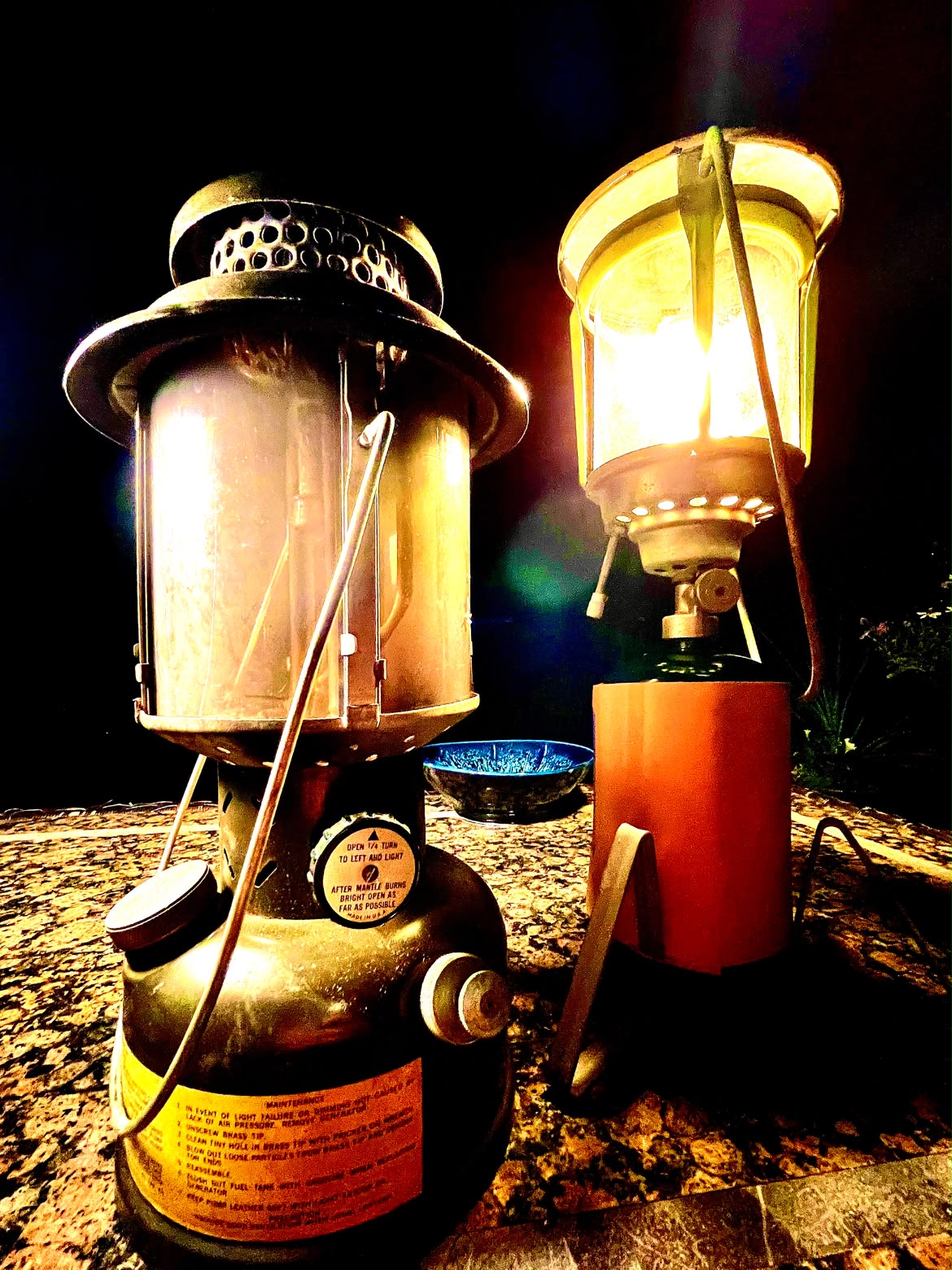 Coleman 236 lantern with dark blue ventilator and brass fount