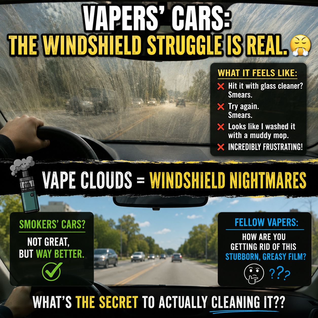 how to clean vape smoke off windows film from windshield without streaks? Flavour:Cranberry Grape in_COS Geek Bars No Nicotine