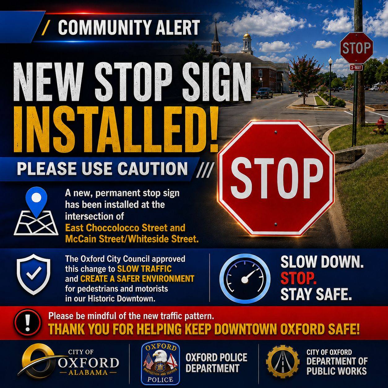New stop sign installed at East Choccolocco and McCain/Whiteside