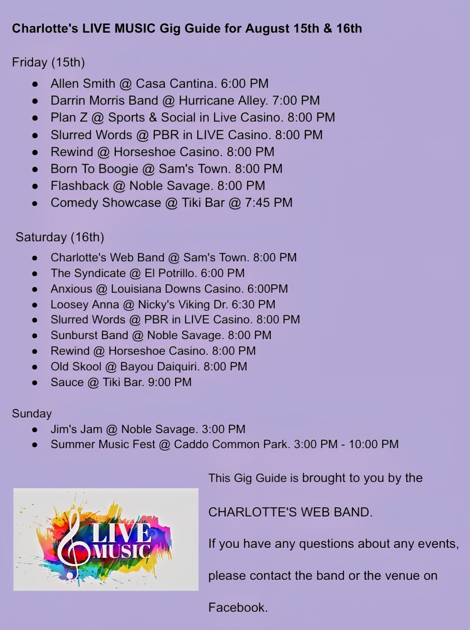 🎶 Charlotte's Gig Guide 🎶 Your go-to list for local musicians
