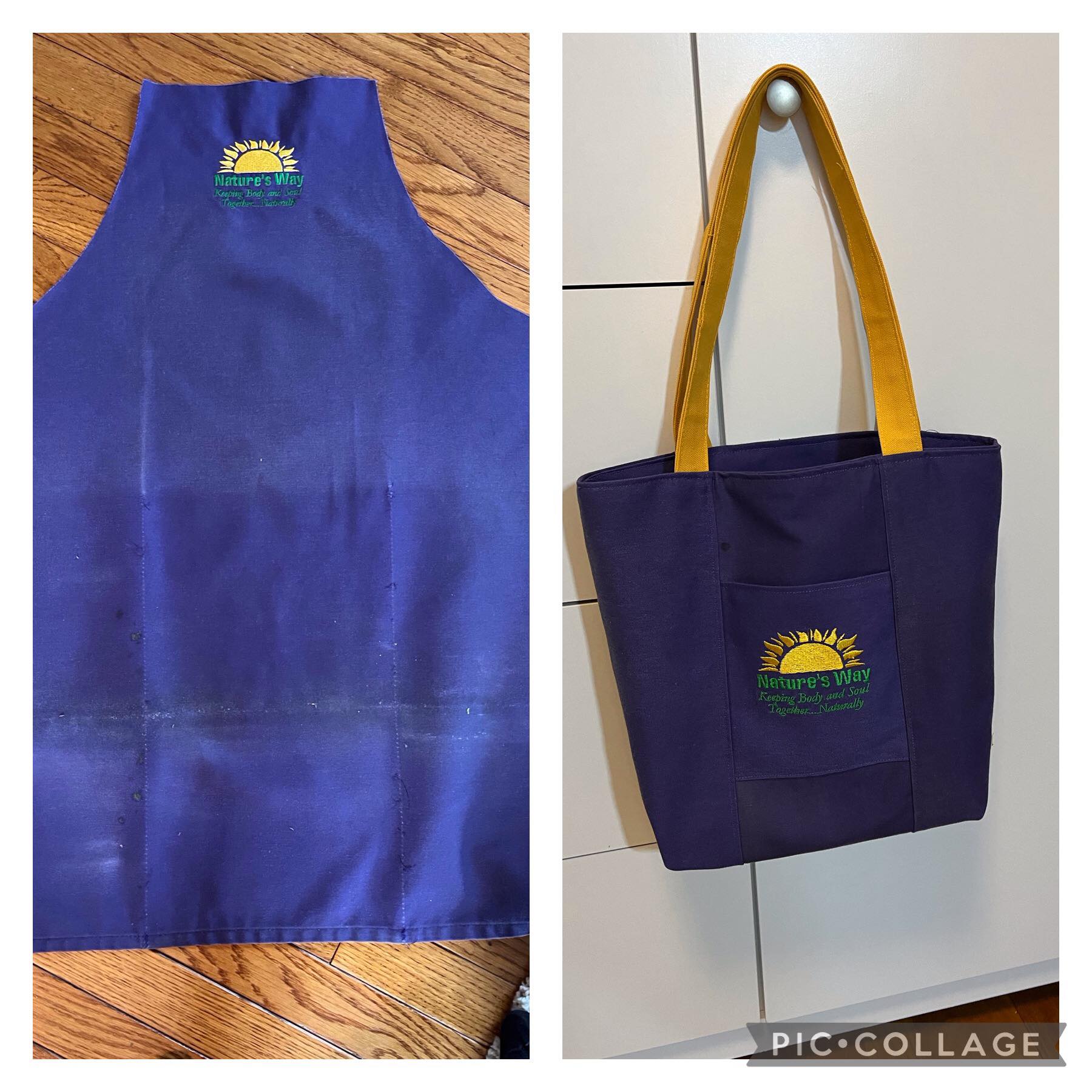 Upcycled overall tote bag with contrasting pockets and inset zipper