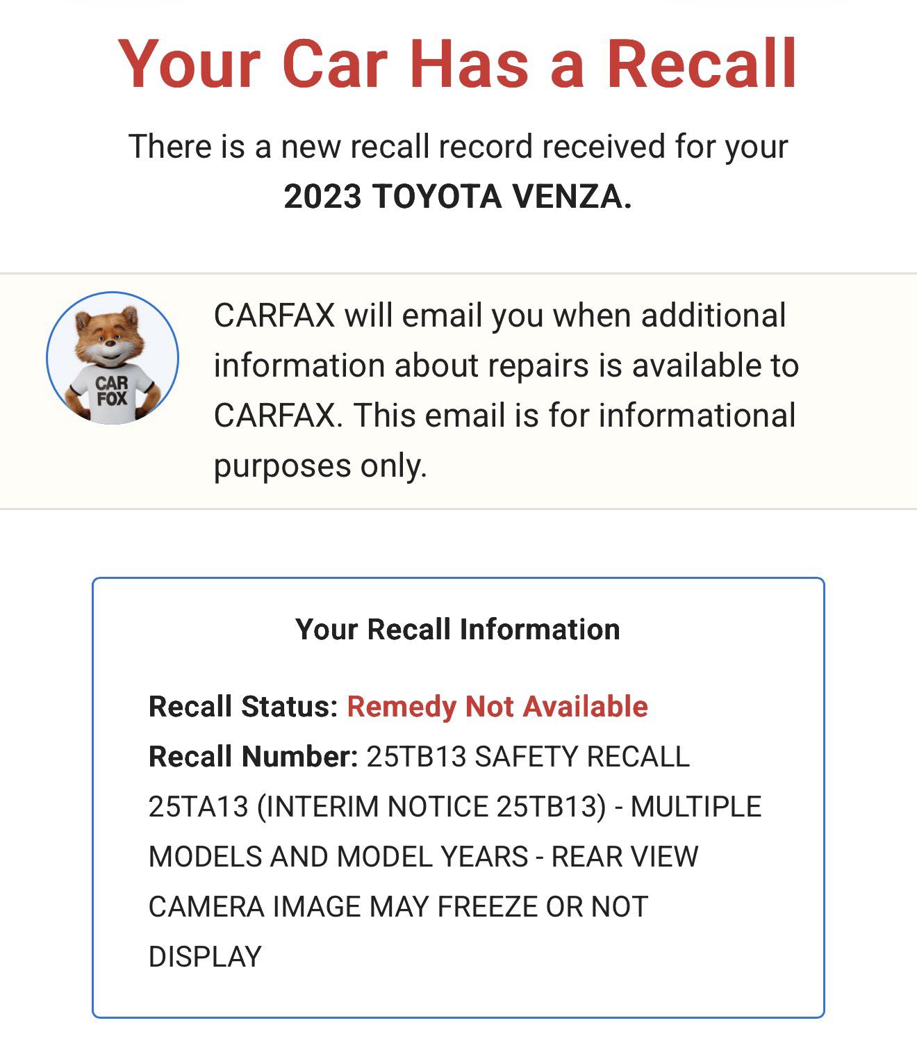 Why is there a new recall number 25TB13 for Toyota Venza?