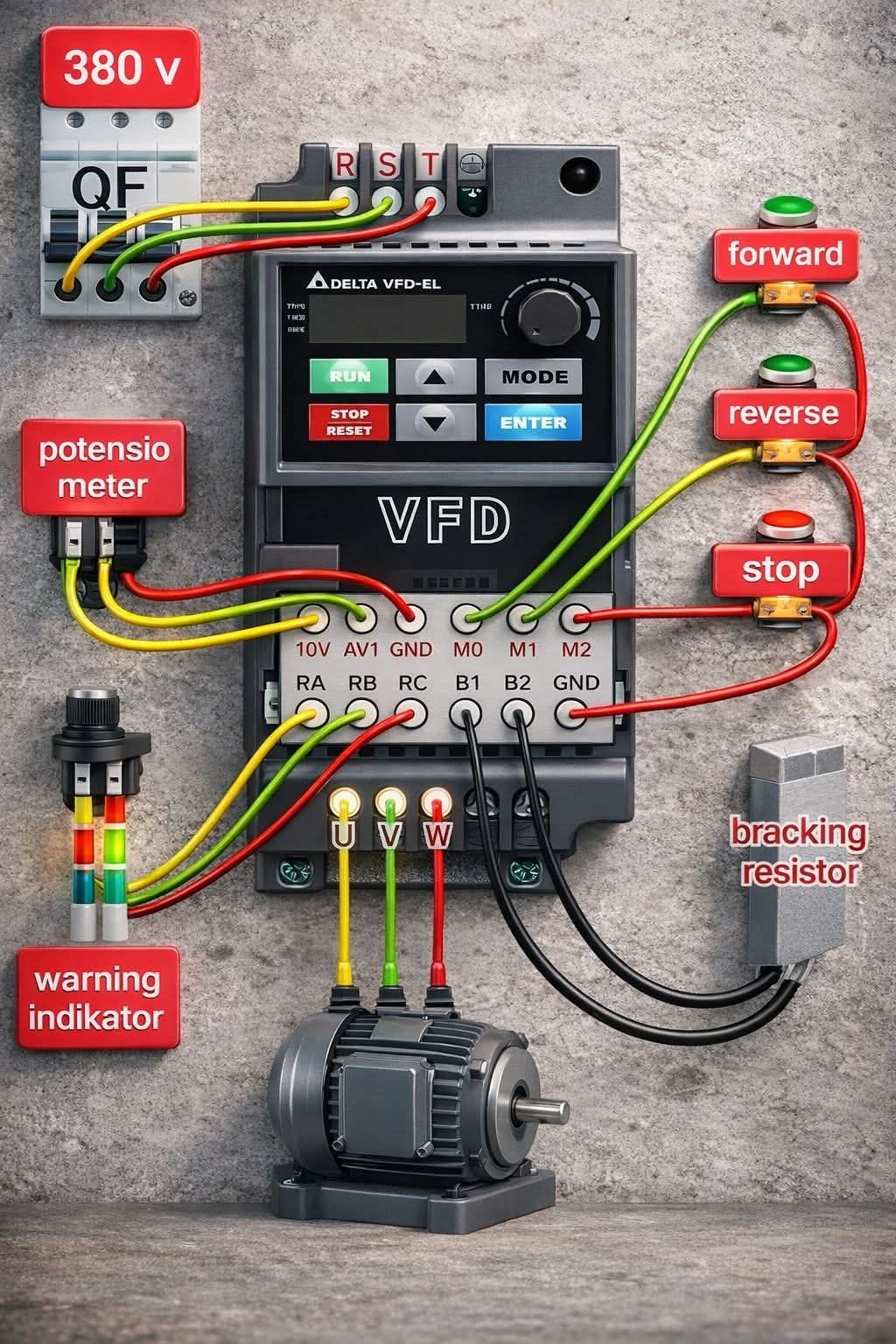 صيانه - 380V VFD Wiring Diagram for Forward–Reverse Motor Control shows ...