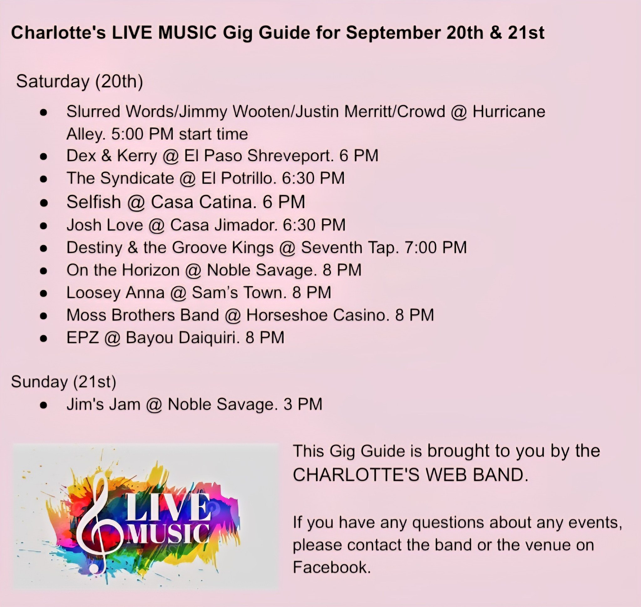 🎶 Charlotte's Gig Guide revised for tonight and Sunday