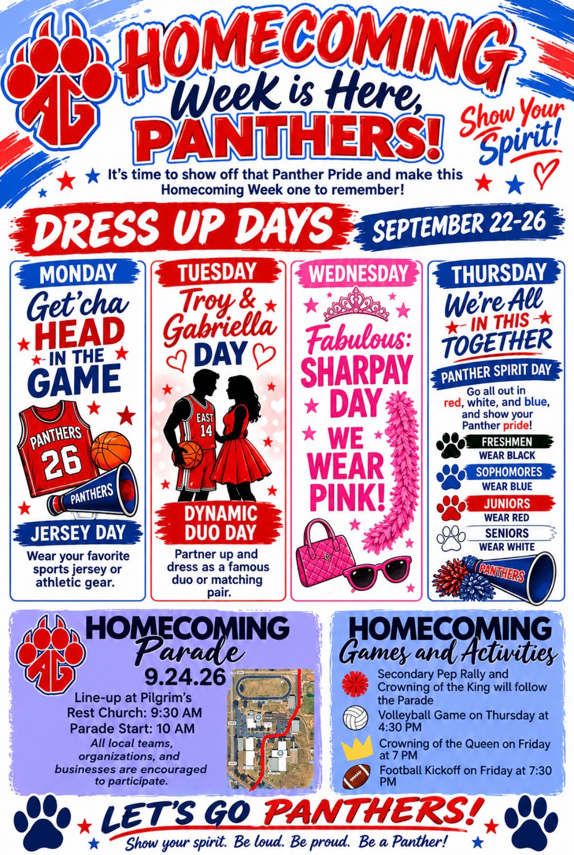 🏈👑Homecoming Week = Spirit Week 📣👏 Dress up days that will unite our district in Homecoming spirit include the following: Tuesday – Tie Dye Day Wednesday – Pink Day (Support the Garter
