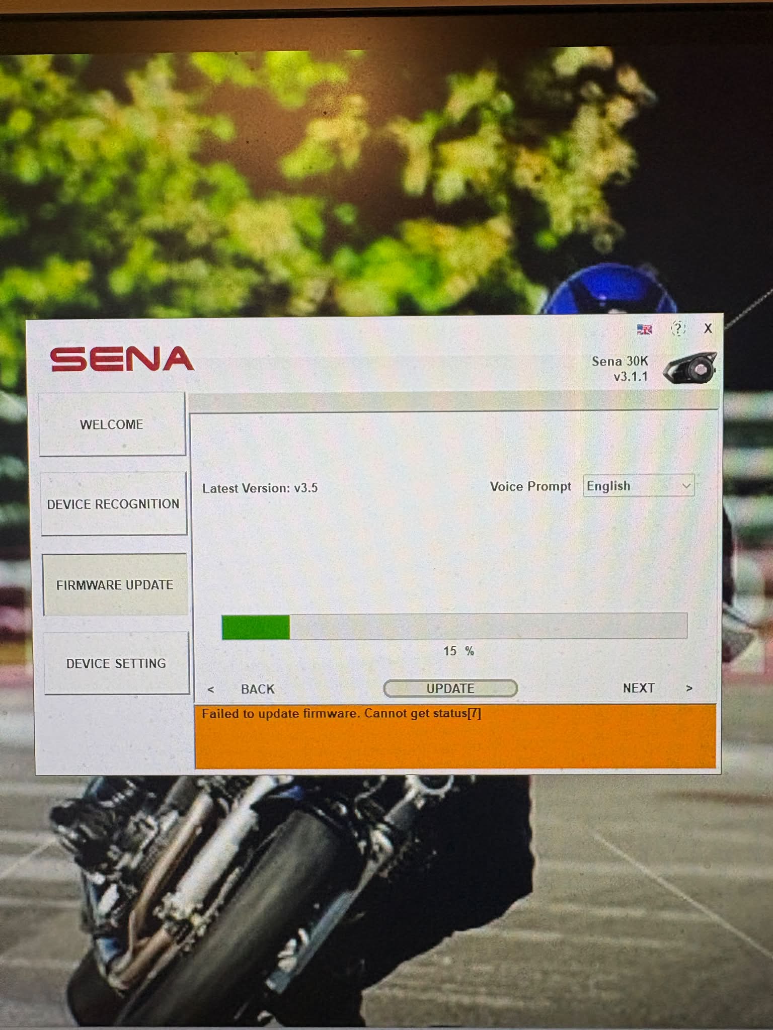 Sena 30k sp46 firmware update stuck at 20% or 15% - solutions?