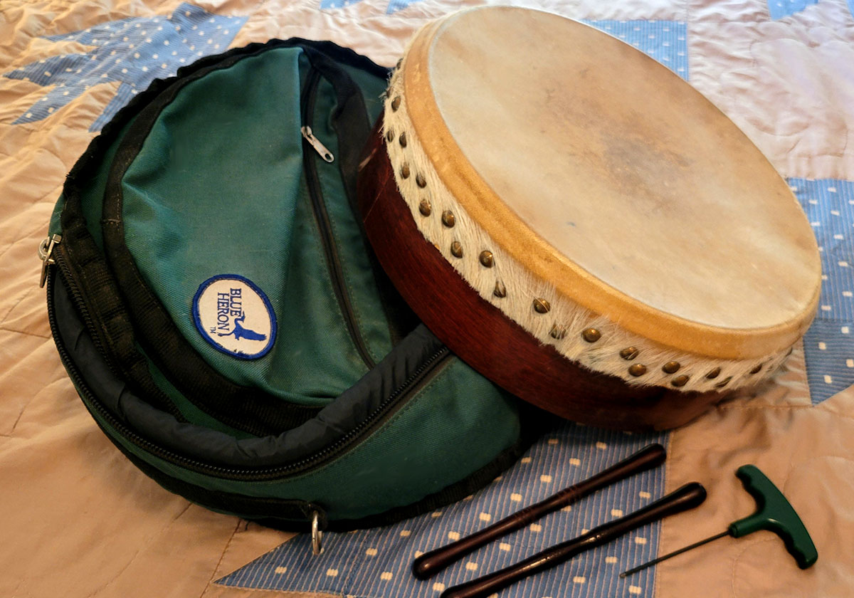 Albert Alfonso bodhran drum with custom Blue Heron case for sale