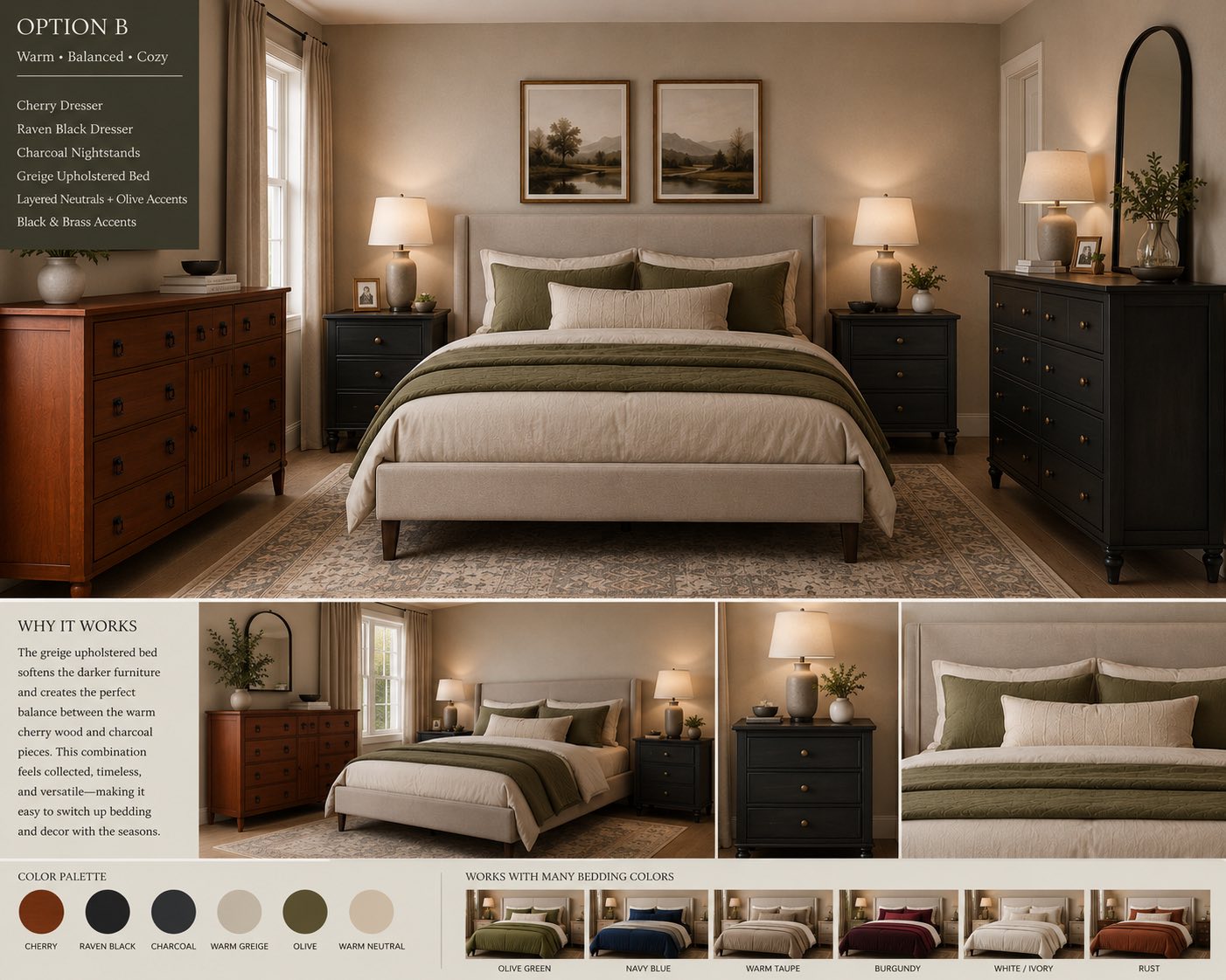 What dresser and nightstand styles go with a beige tufted bed frame?