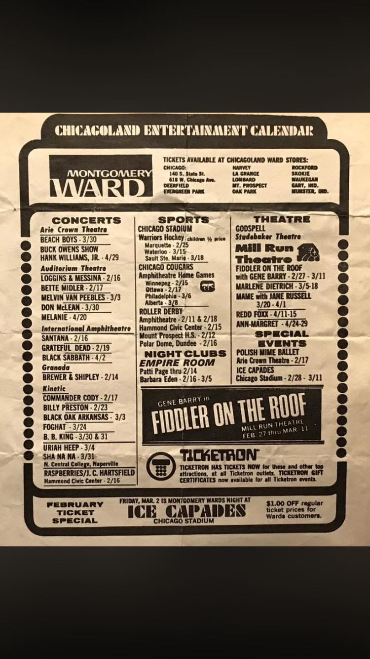 February 1973 Ticketron Chicagoland Entertainment Calendar -