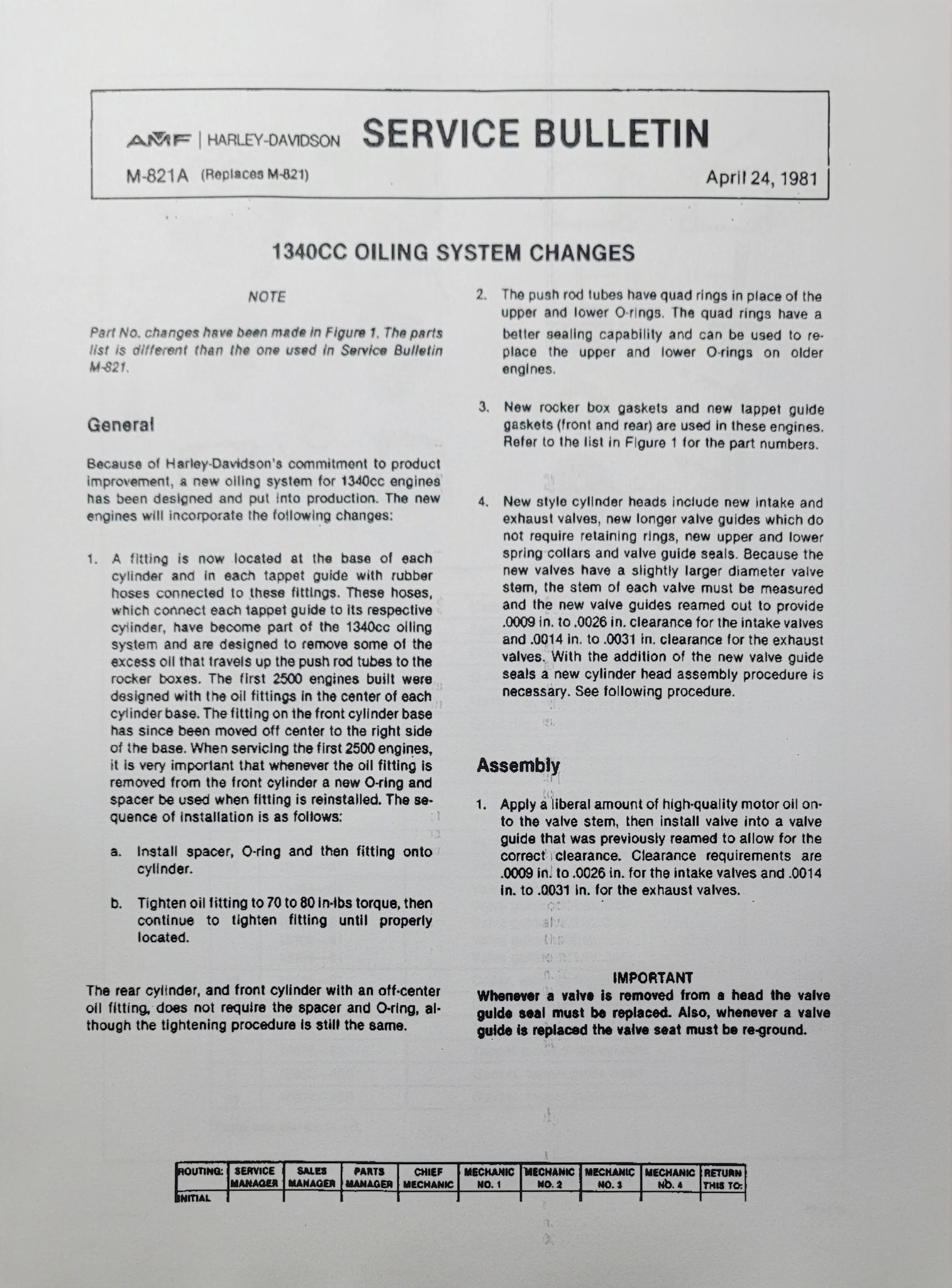 Harley Davidson's 1981 service bulletin updates for late shovelheads