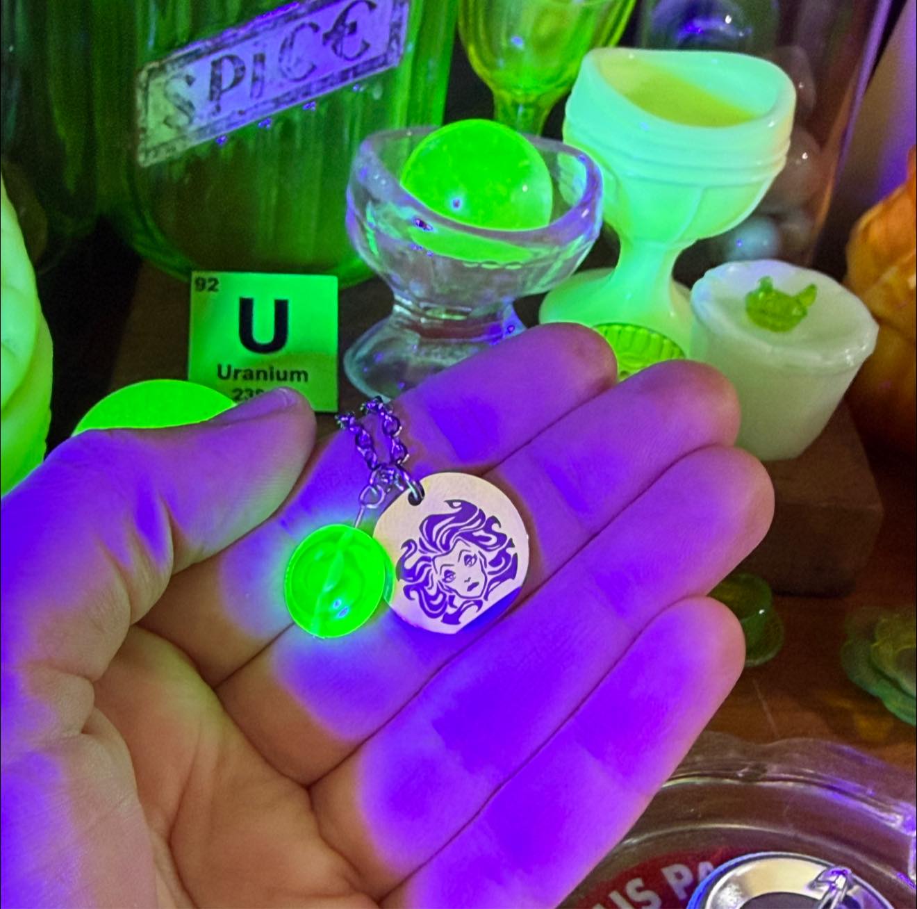 Vintage Large Uranium Glass Refrigerator Dish Round Lidded Covered Green Glows 8 Wide a Little