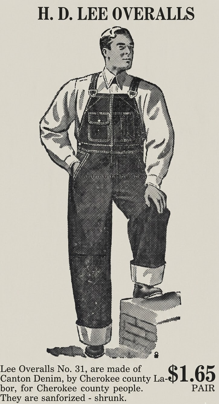 1930 ad features well-fitting overalls with remarkable shrunk denim