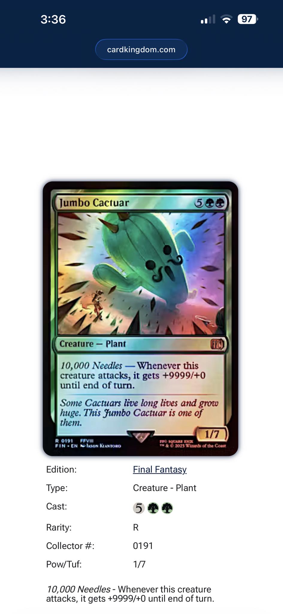 jumbo cactuar card mtg [191] [FINAL FANTASY] [Foil]  Face to Face Games The Gathering (MTG) card images and symbols Wizards of the Coast Ruthless Technomancer | Jumbo Cactuar