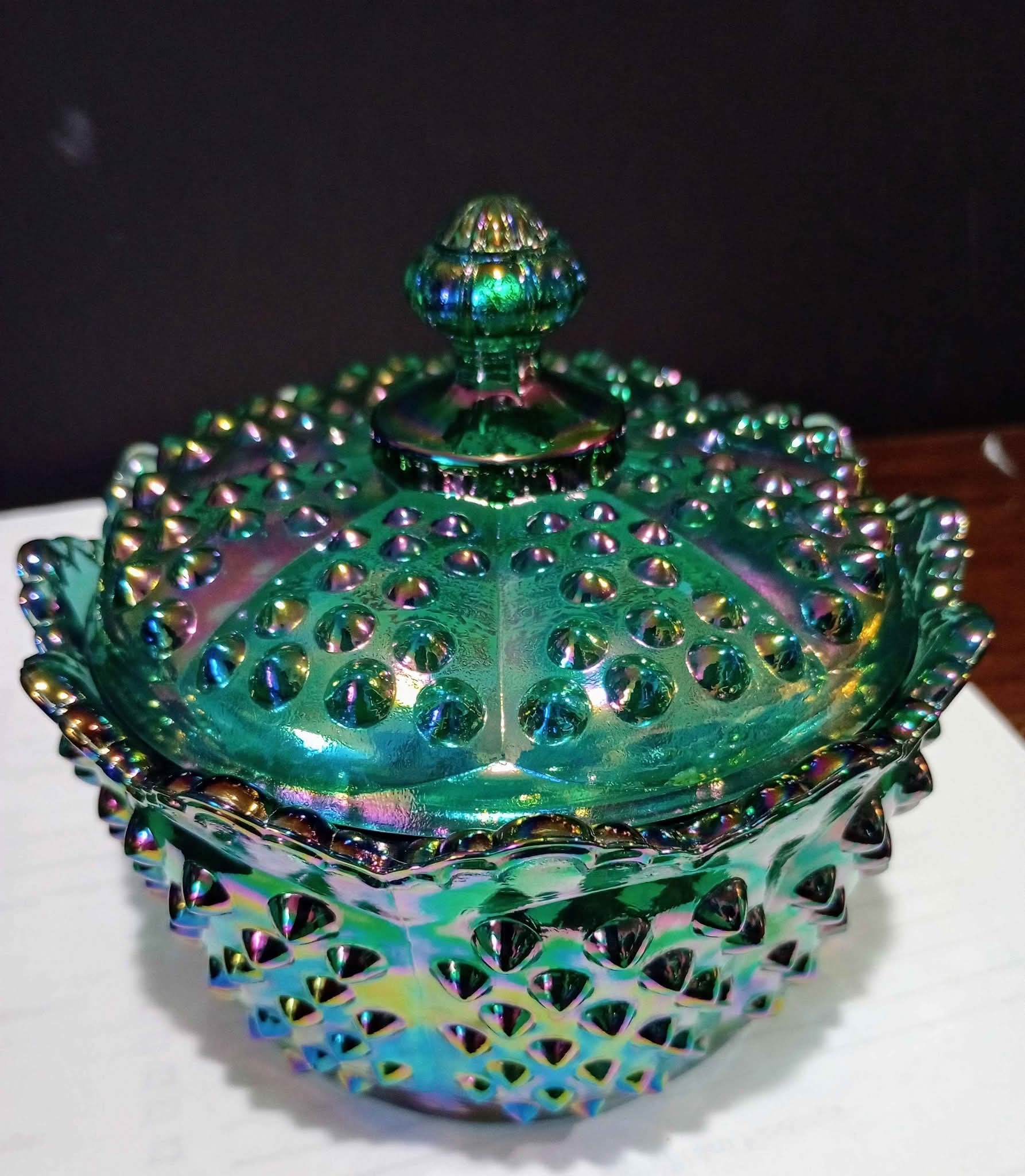 This is a vintage Fenton Green Iridescent Hobnail Covered Candy  display picture 1