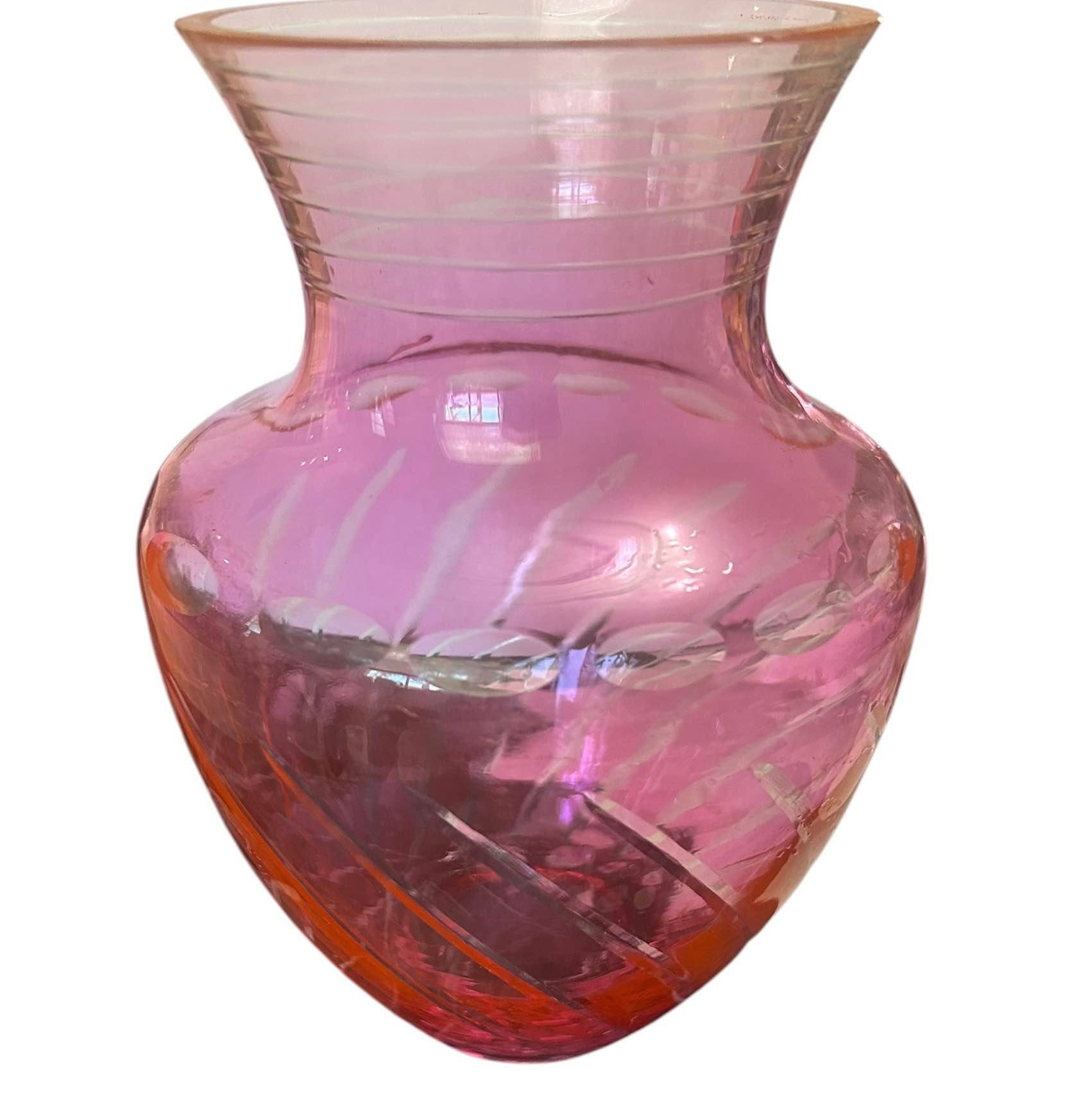 vintage MCM Czech Bohemian cut-to-clear pink glass vase, commonly