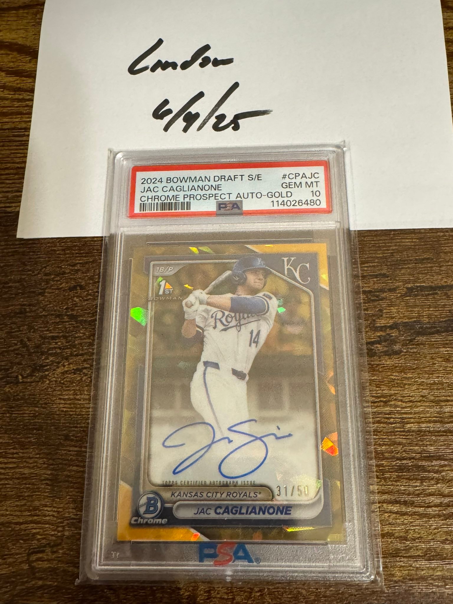 2024 Bowman Sapphire Jac Caglianone 1st Chrome Gold Auto /50 PSA 10