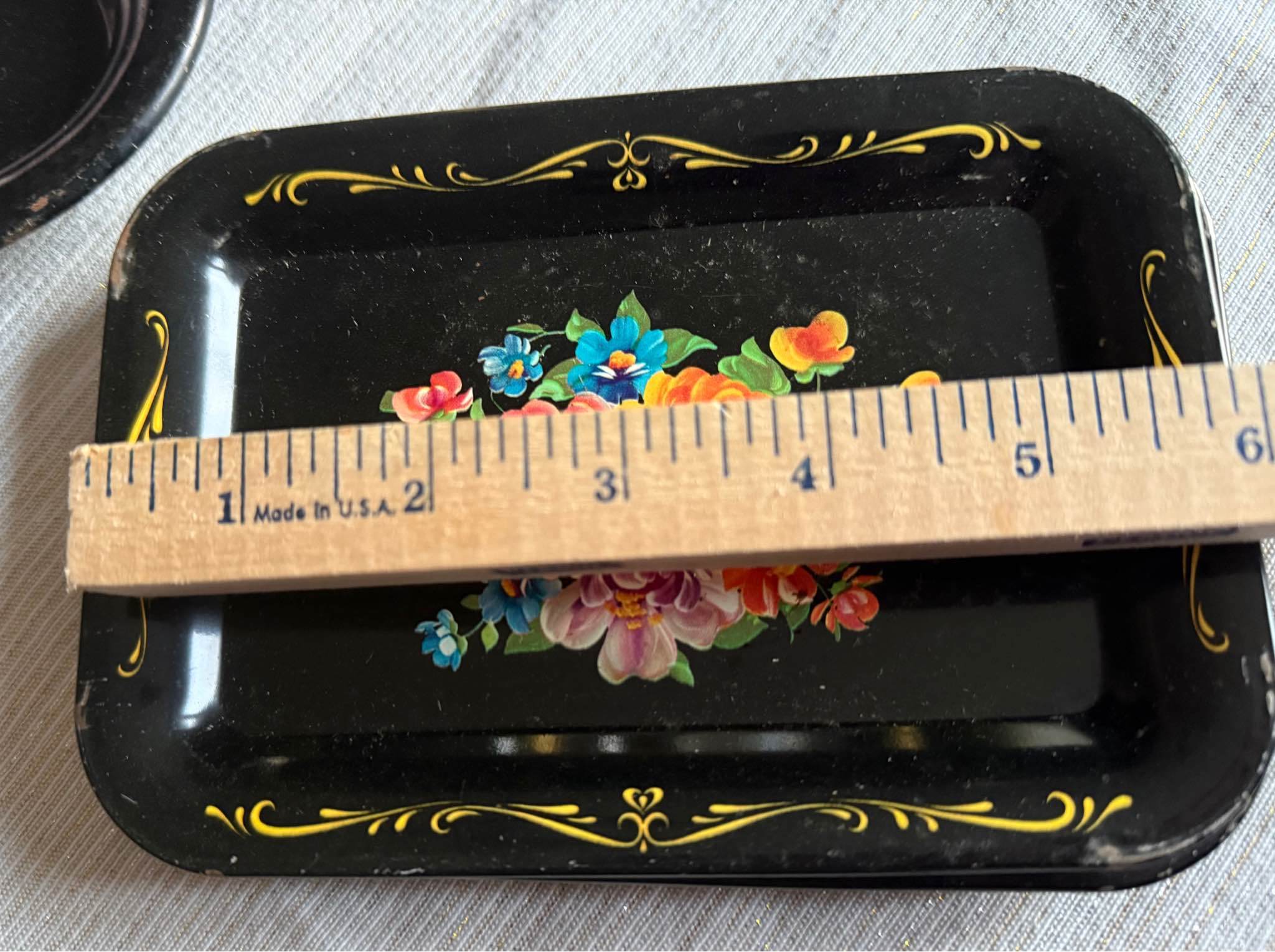 Vintage 1950s Black Hand-painted Floral Toleware serving trays
