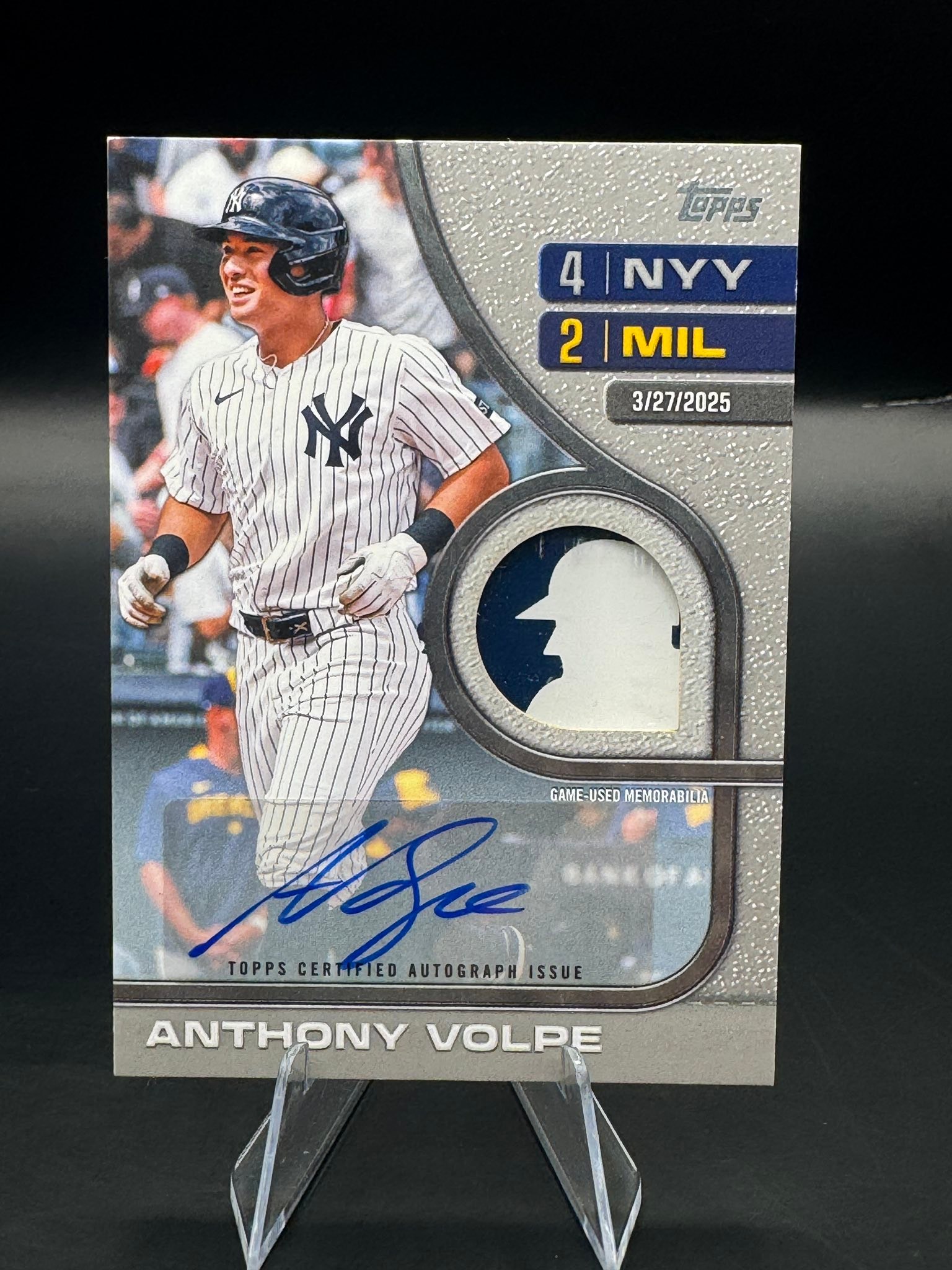 Anthony Volpe autographed baseball card with game-used memorabilia