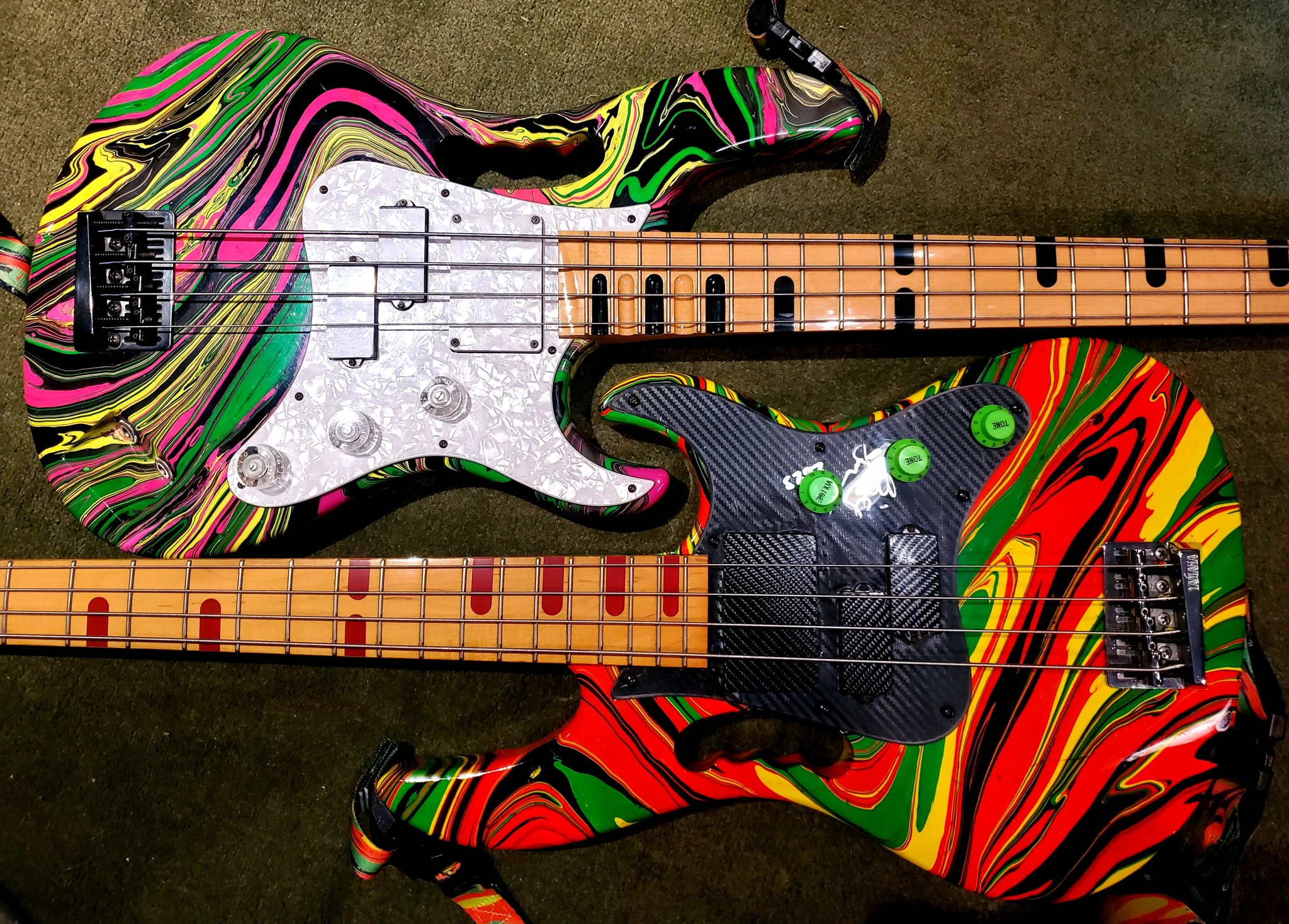 Yamaha Attitude basses customized with Monkey Grip and swirl paint