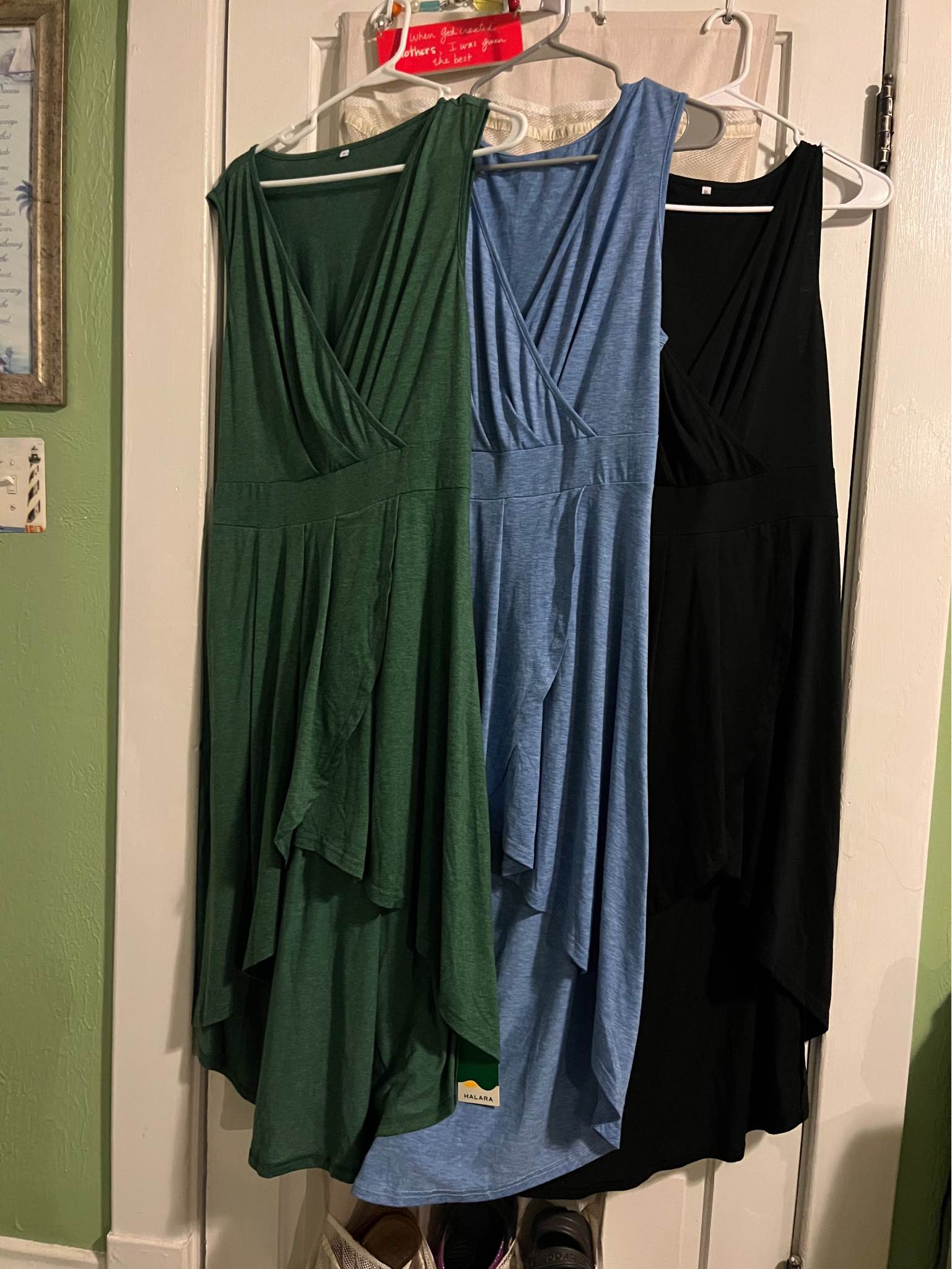 41 hawthorn tristana essential knit faux wrap dress New Halara sleeveless dresses in size XL. These garments are made of a heathered jersey material and come in green, blue, and black. Each has a v-neckline, a wrap-style bodice, and february-2026