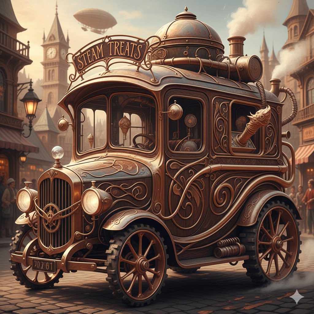 Gemini create an image of a steam punk steam powered ice cream van