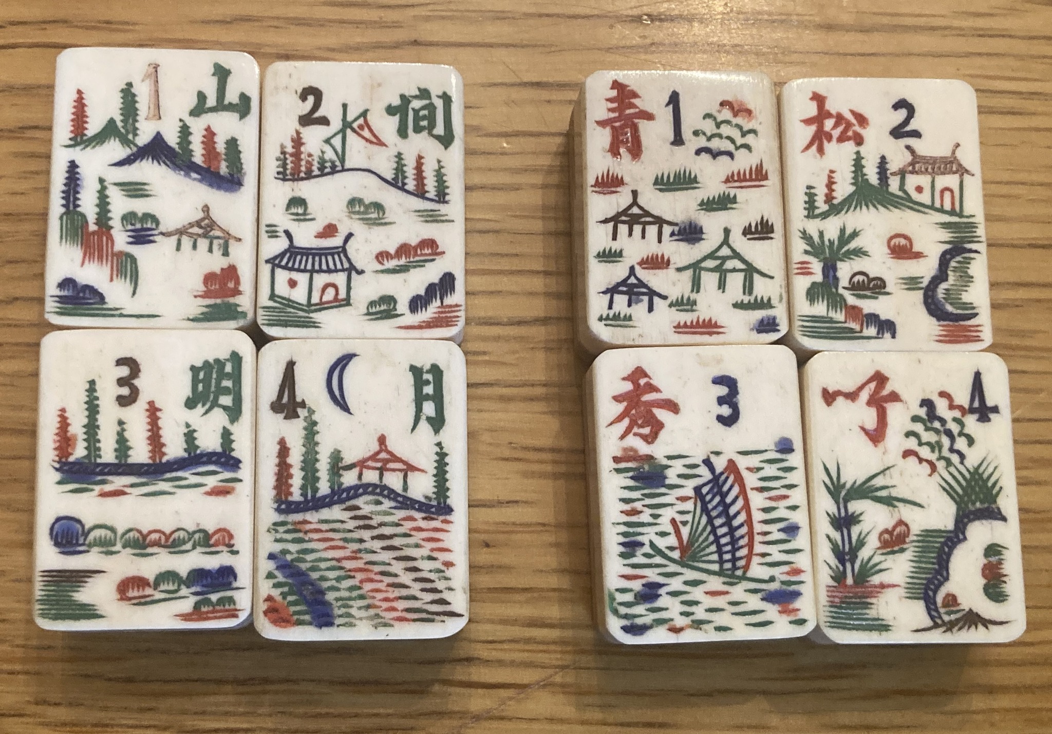 Help identifying vintage bamboo/bone tile flowers and seasons
