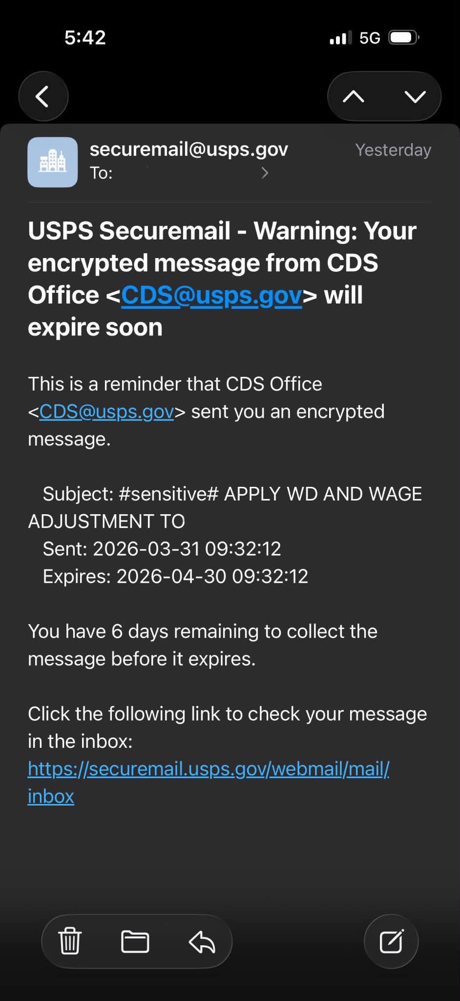 Does anyone know if this is real? 5:42 .l ..5G 5G securemail@usps 
