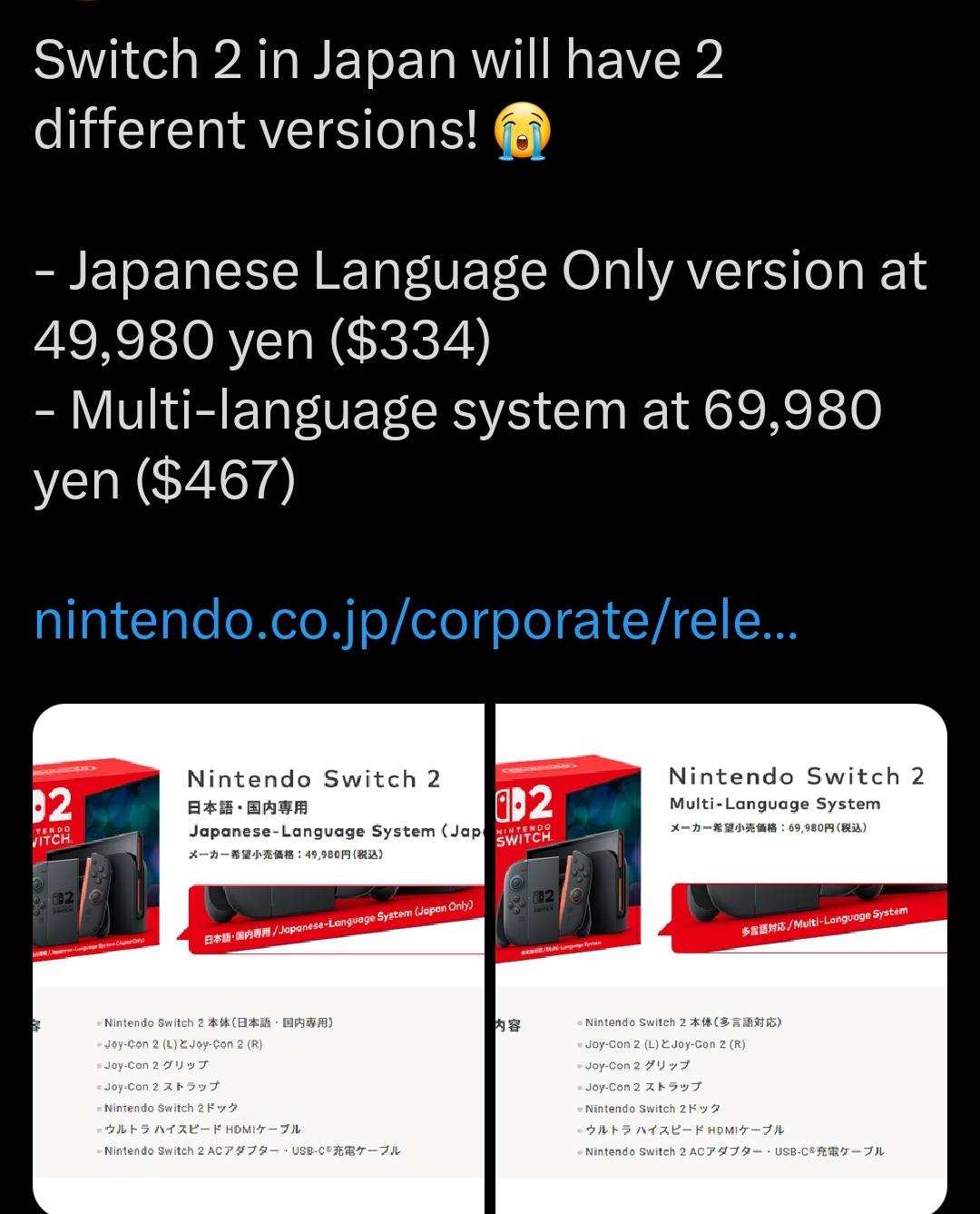 Nintendo Switch 2 Japanese-Language System vs Multi-Language
