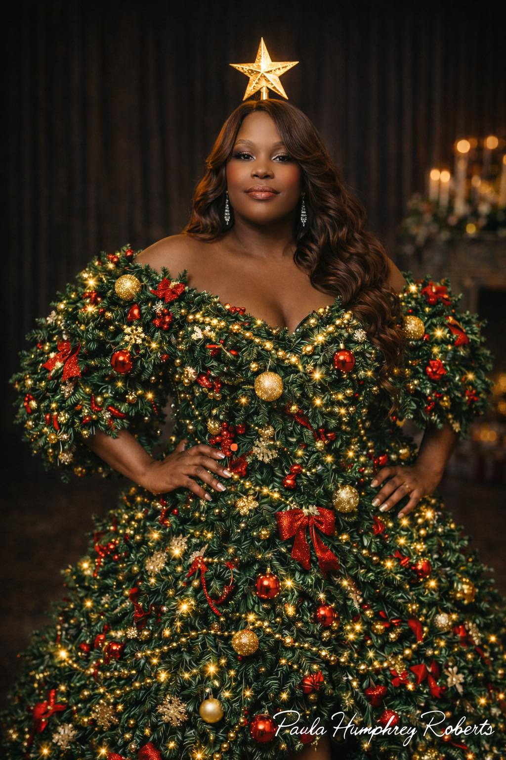 woman dressed as christmas tree Women posing in gowns by trees white maternity dress