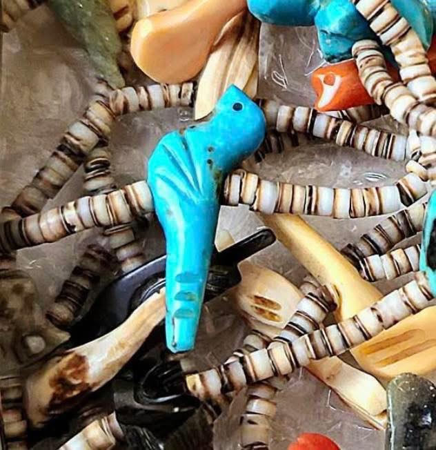 Where to find turquoise heishi necklaces with carved birds?