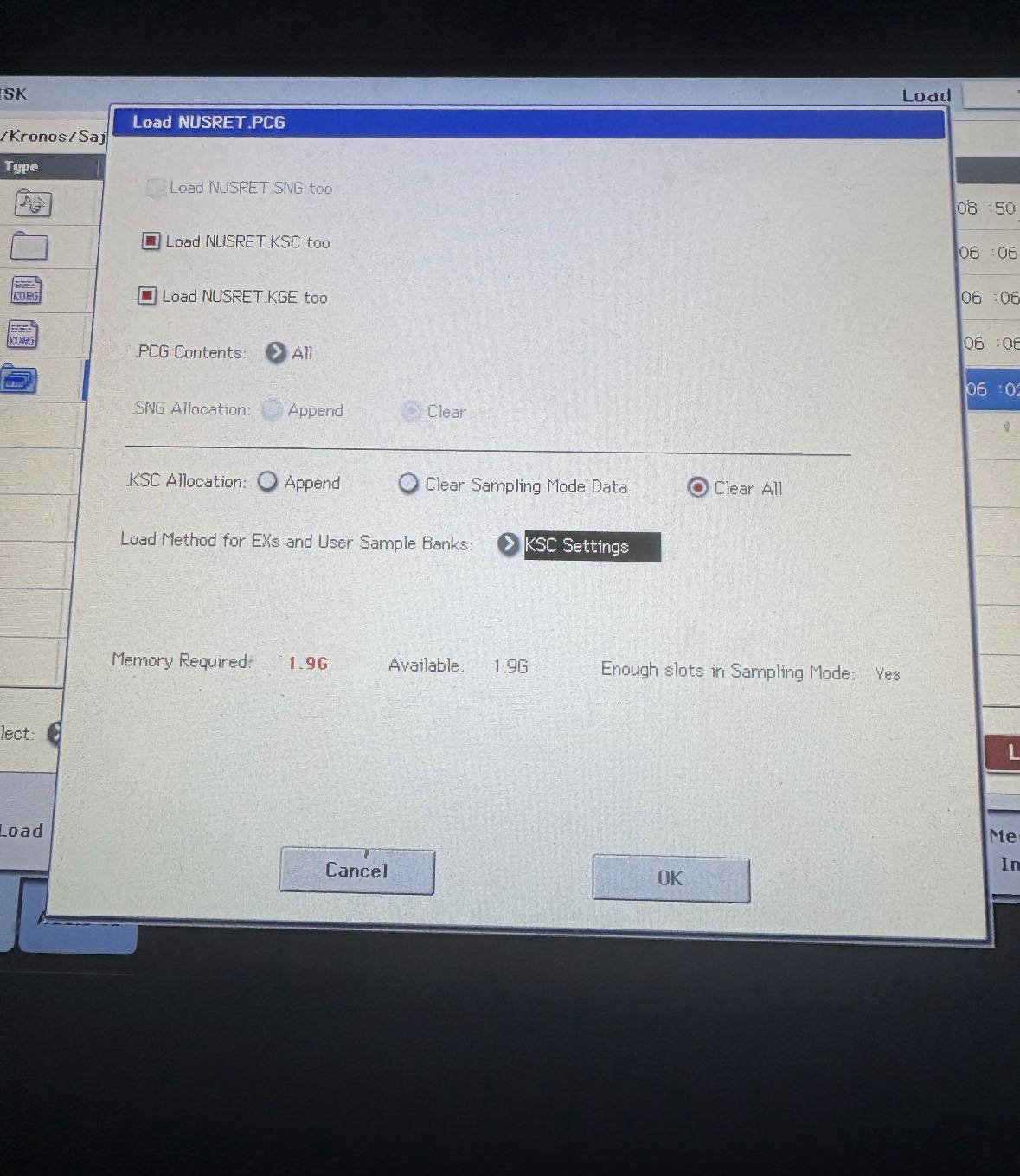 KORG KRONOS 3 | Trying to load a large set and it won’t let me due to ...