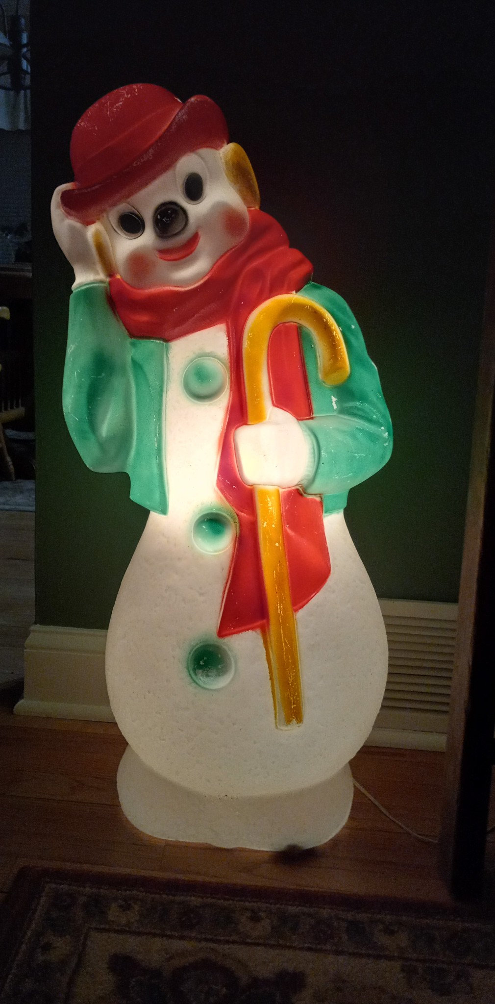Vintage 1971 Empire snowman blow mold withstands New Jersey winter