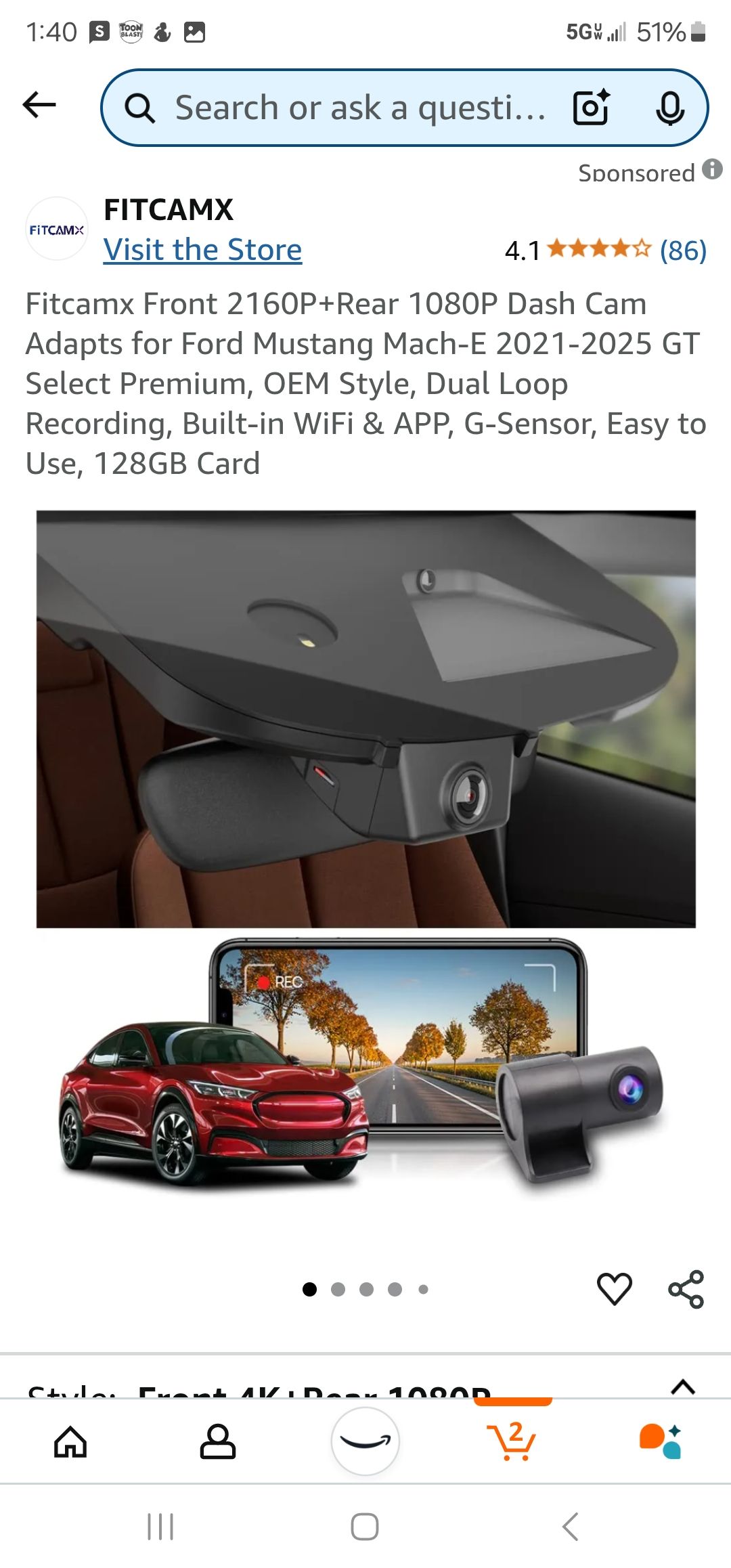 Fitcamx Dashcam 4K Pour Ford Mustang Mach-E 2021-2023 - Caméra Voiture OEM Plug & Play WiFi 64Go