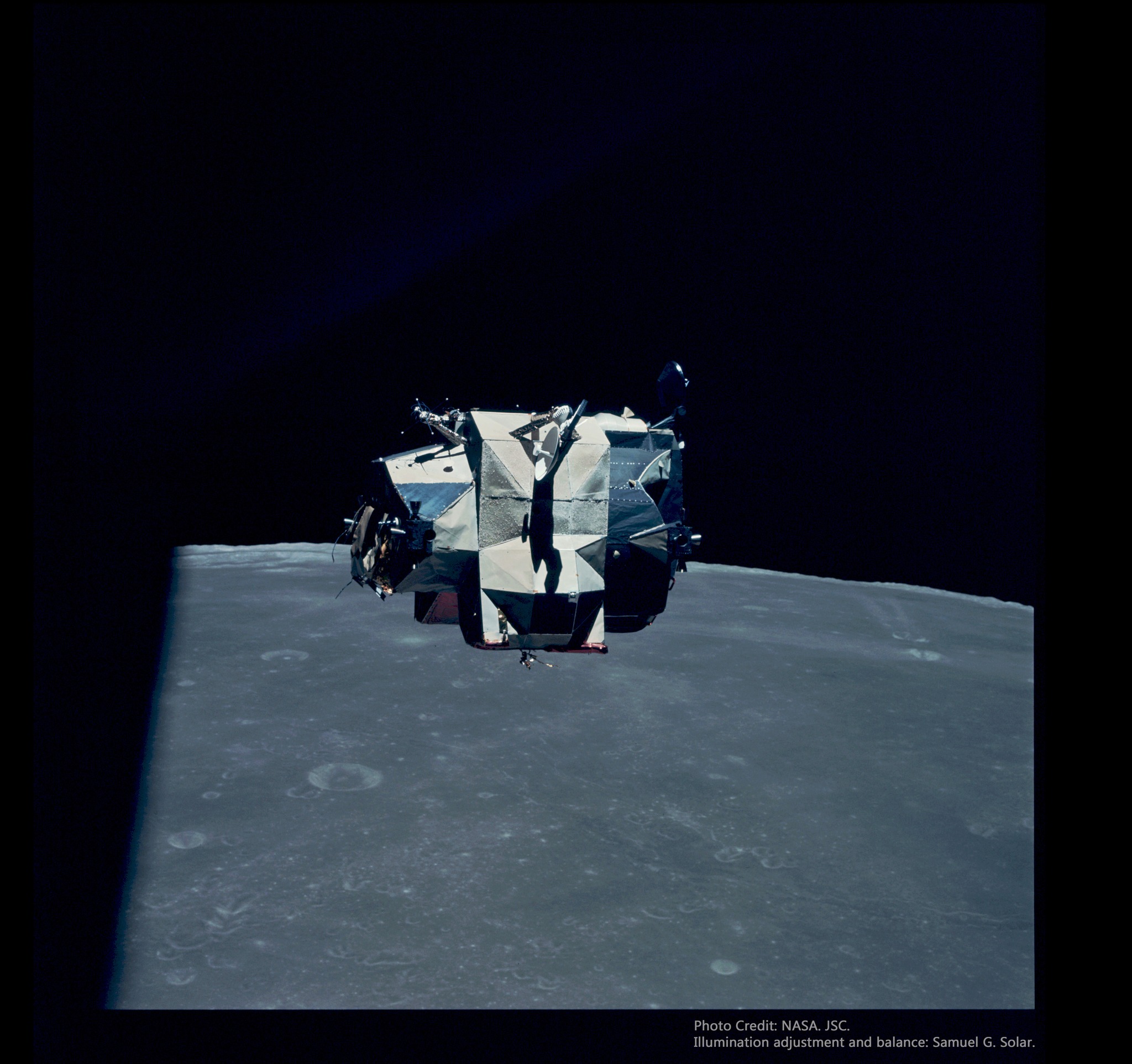 The Lunar Module's Ascent Stage is seen from the Command/Service