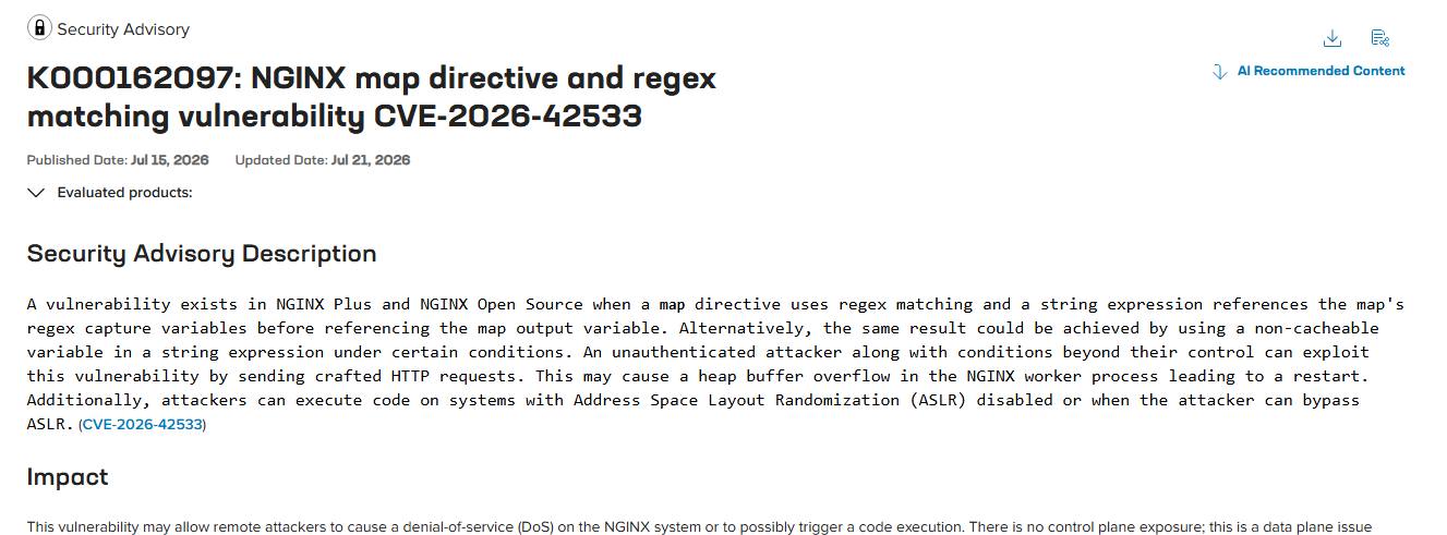 NGINX security vulnerability CVE-2026-42533 in map directive