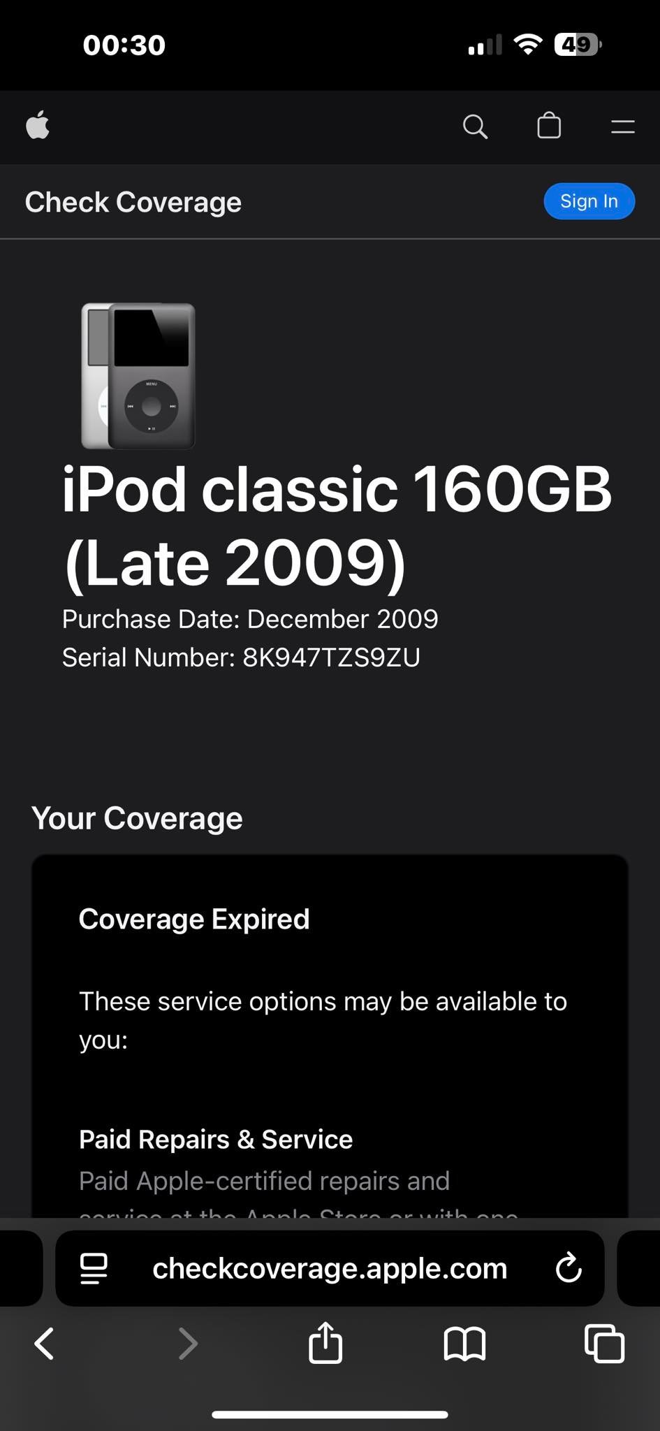 Why does iPod Classic serial number not appear in settings?