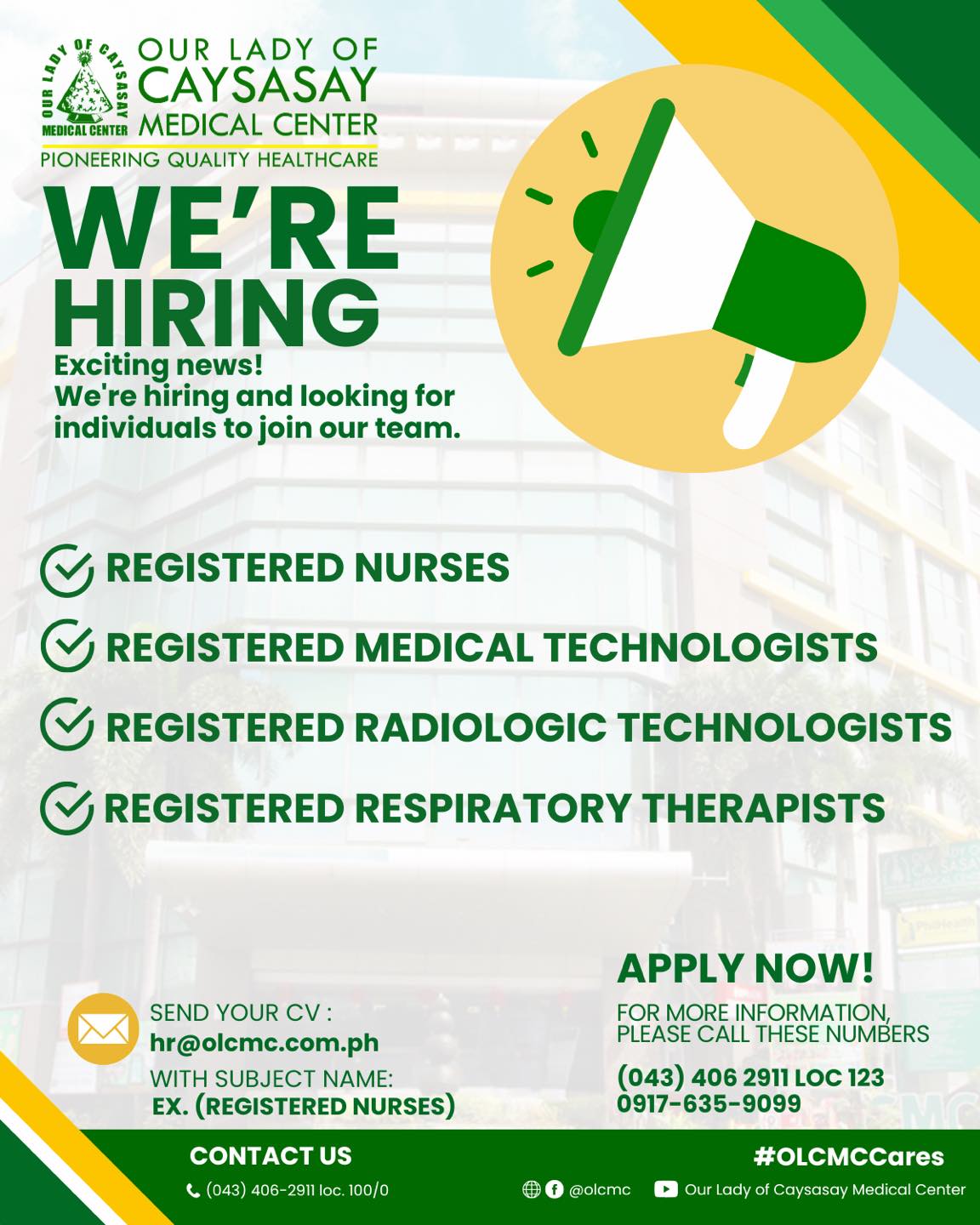 𝐖𝐄 𝐀𝐑𝐄 𝐇𝐈𝐑𝐈𝐍𝐆! -... - Our Lady of Caysasay Medical Center | Facebook