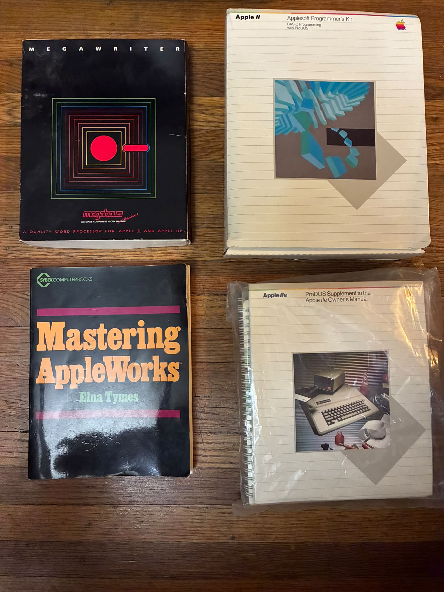 Apple IIe manuals and programmers kit, AppleWorks book, and