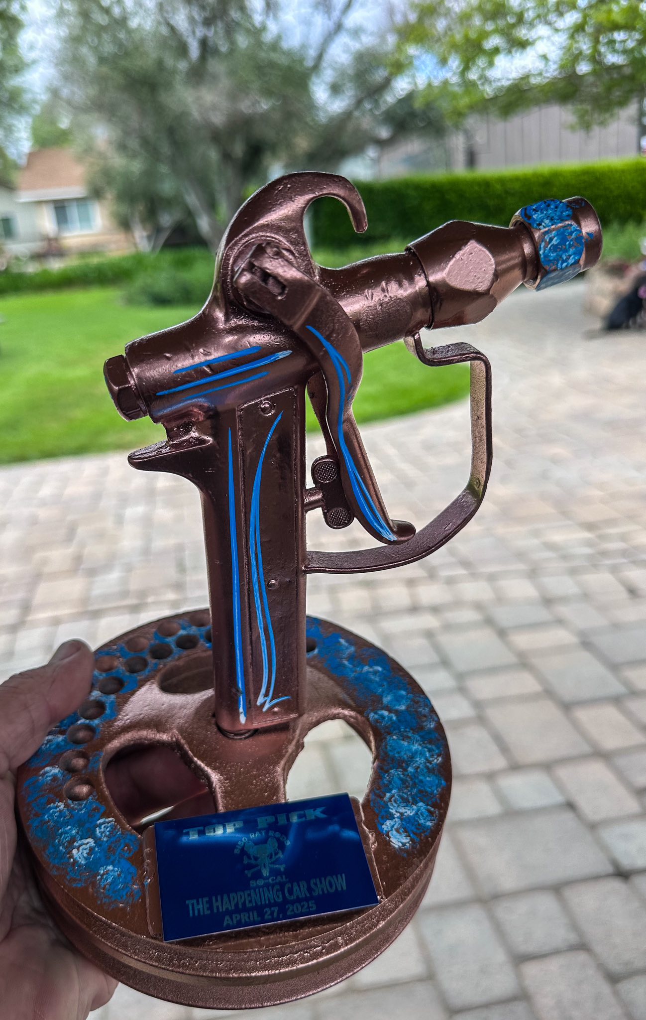 Hudson Hornet trophy made from old garage junk