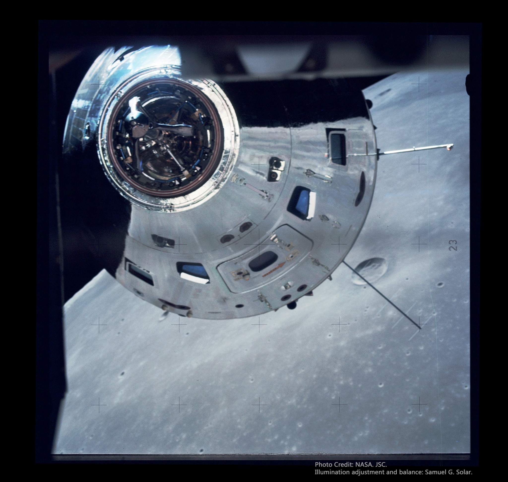 The Command/Service Module is seen from the Ascent Stage of the
