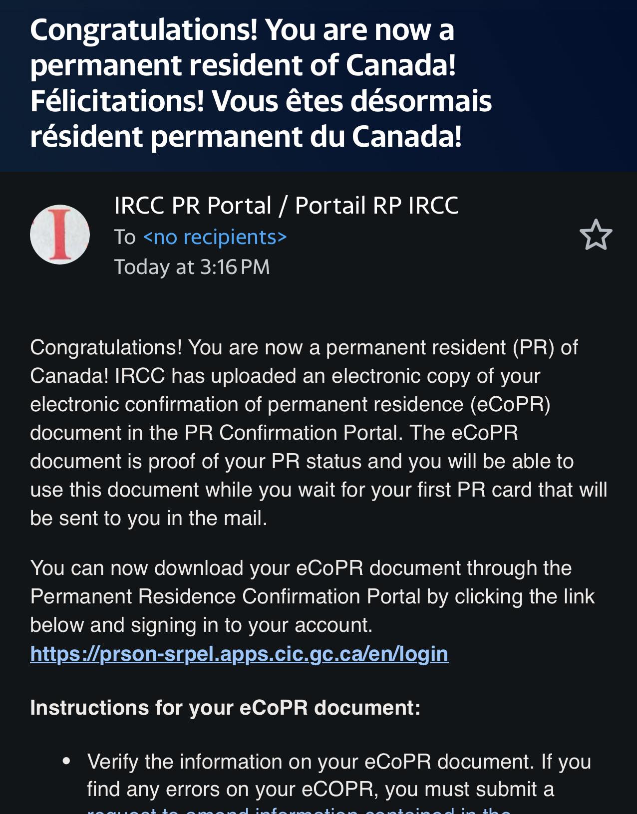 IRCC Online PR Portal Updates | Finally we received our eCoPR | Facebook
