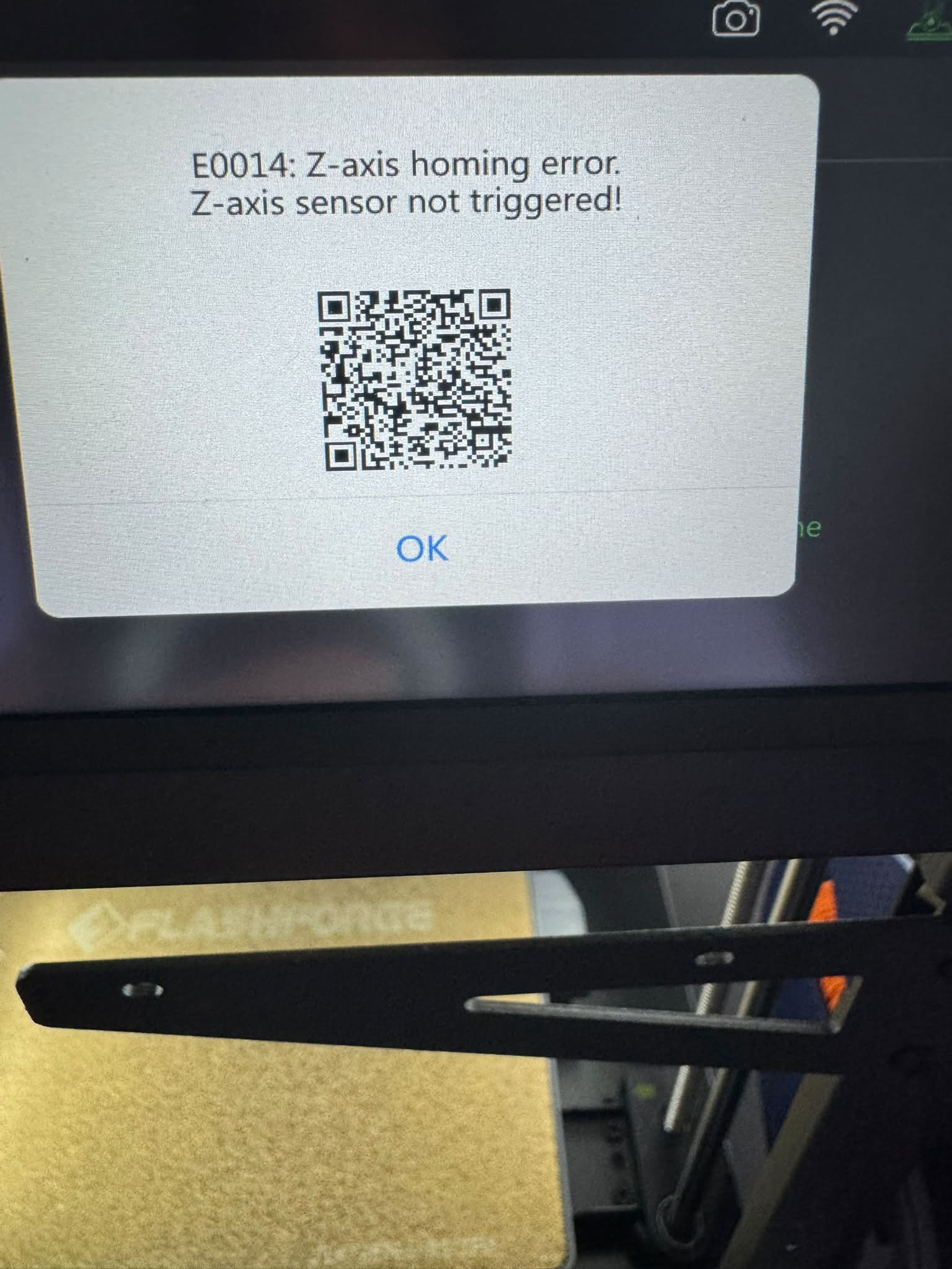 What does Z-axis homing error E0014 mean on a Flashforge printer?