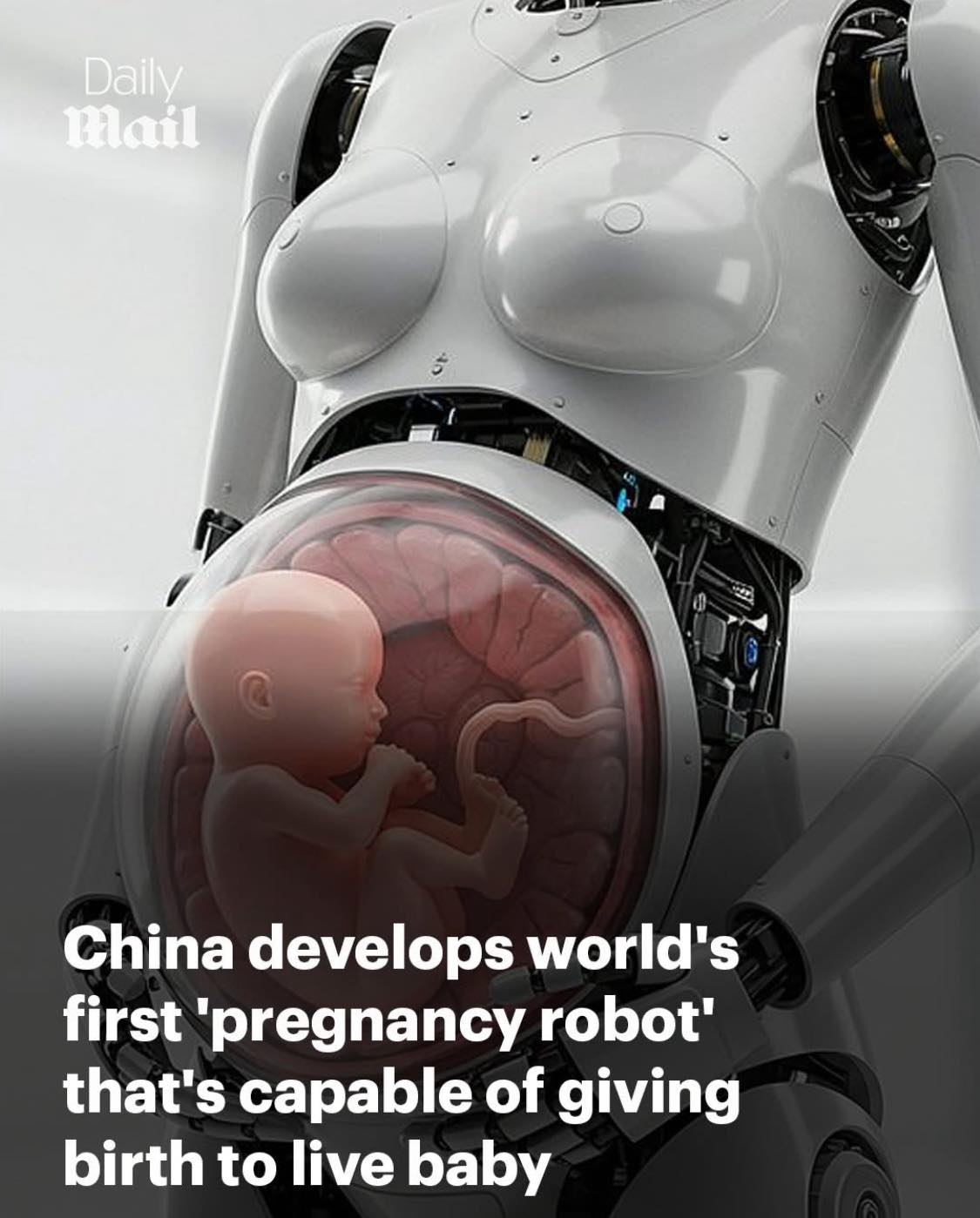 Cyborg woman with transparent belly and gestating baby in medical room