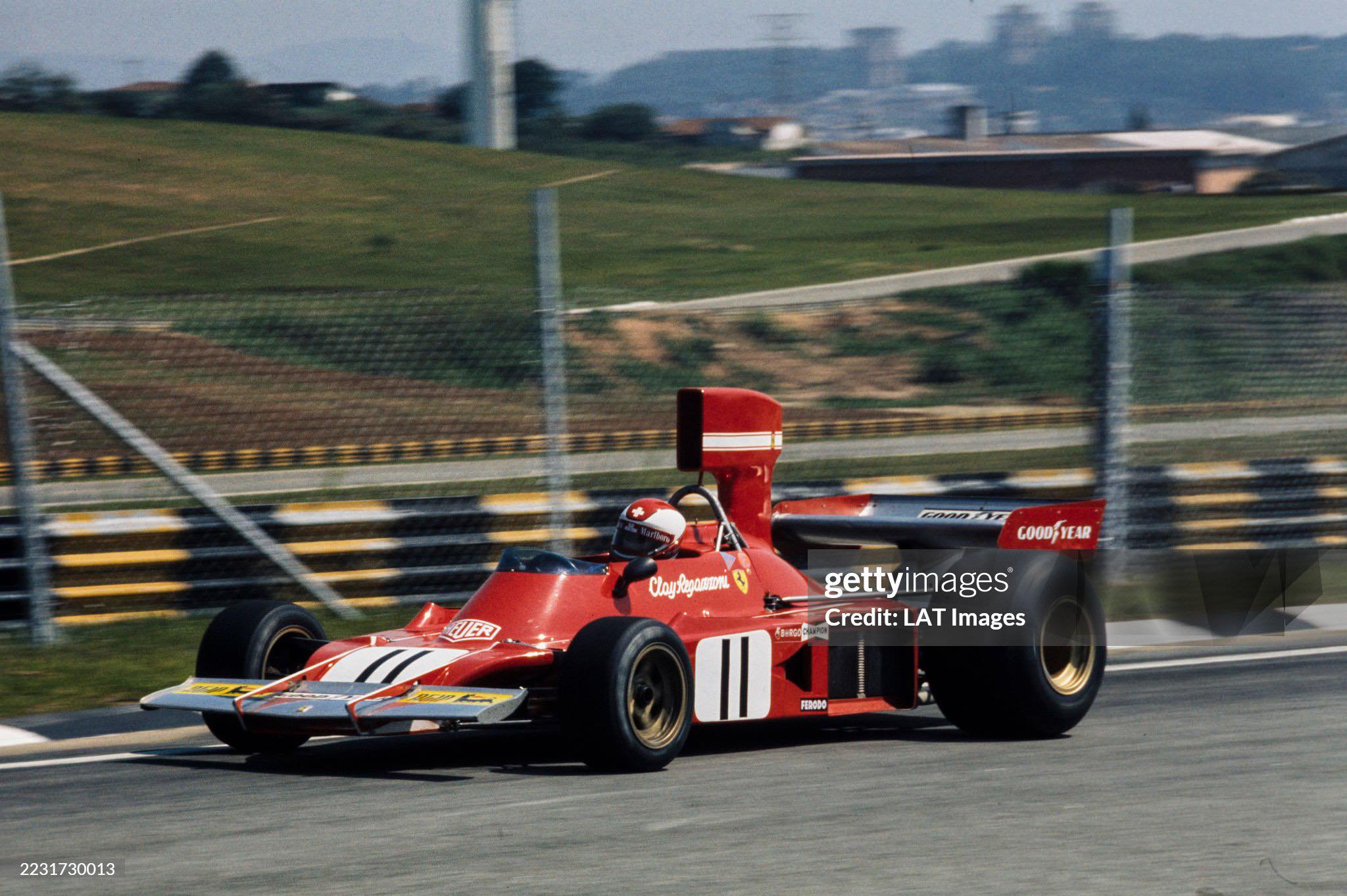 Clay Regazzoni's Ferrari 312B2 airborne at 1971 German GP